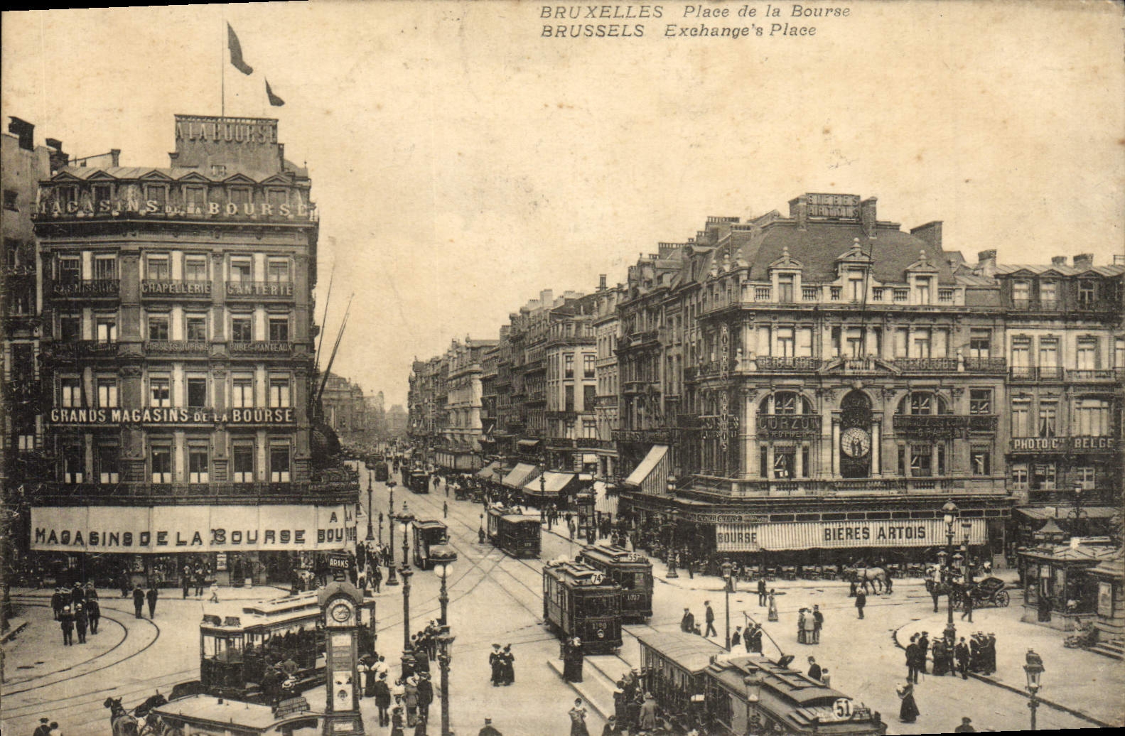 VINTAGE POSTCARD Brussels Places Stock Exchange Tram