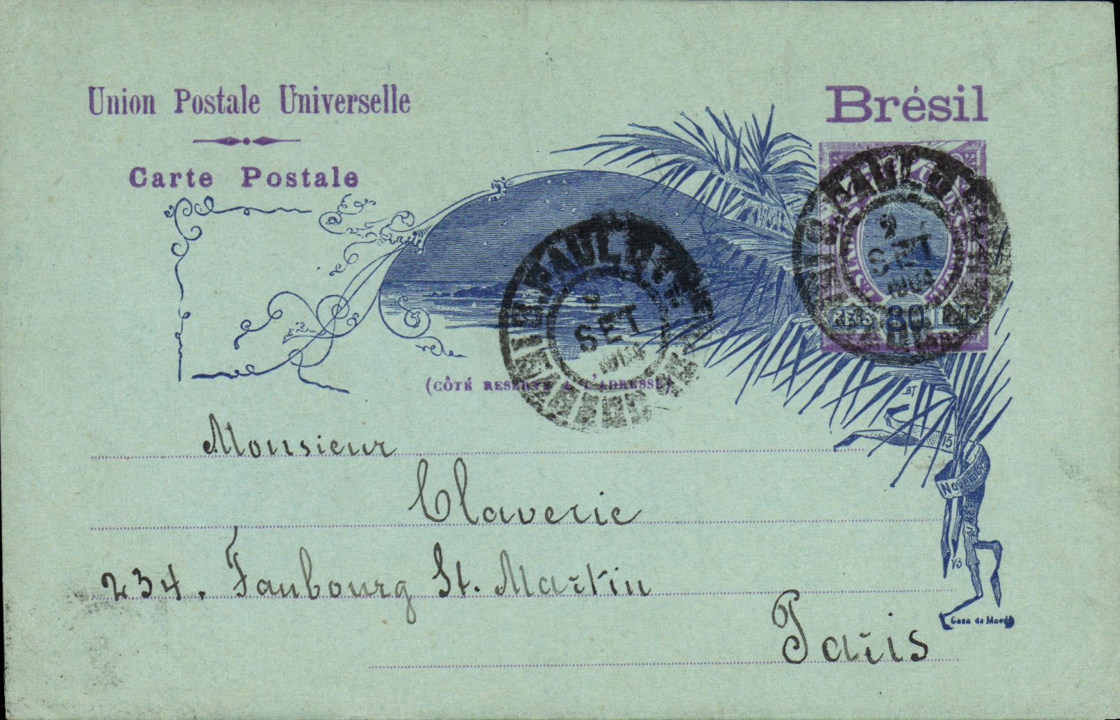 Postal entirety Brazil for Mr. Claverie Suburb St Martin Paris 1904
