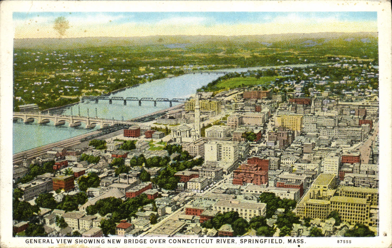 VINTAGE POSTCARD General View Showng New Bridge Over Connecticut To rivet Springfield Farmhouse