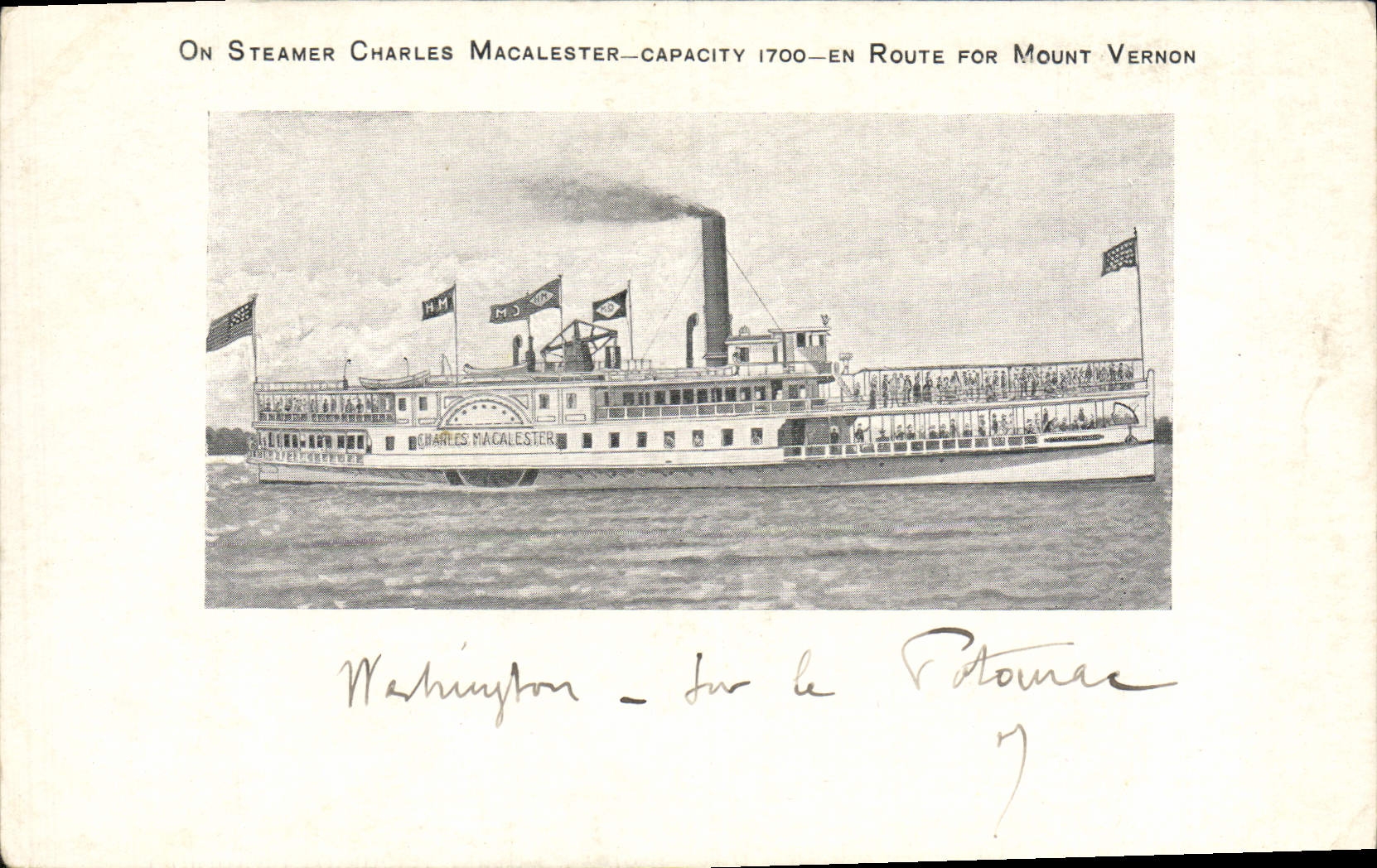 VINTAGE POSTCARD One Steamer Charles Macalester Capacity 1700 On the way For Mount Vernon Boat