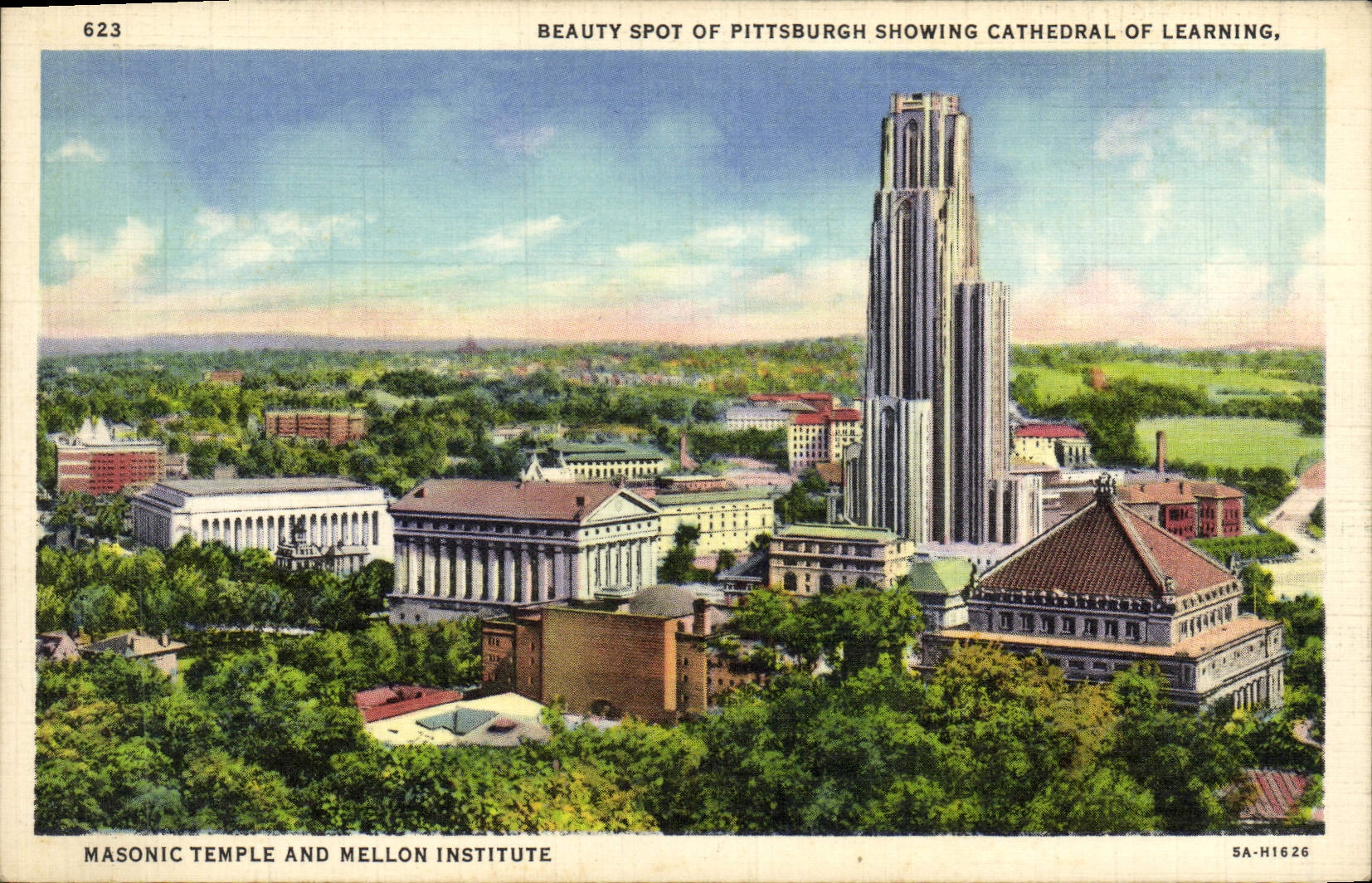 CPA Beauty Spot Of Pittsburgh Showing Cathedral Of Learning Masonic Temple and Mellon Insitute Franc Maconnerie Franc m