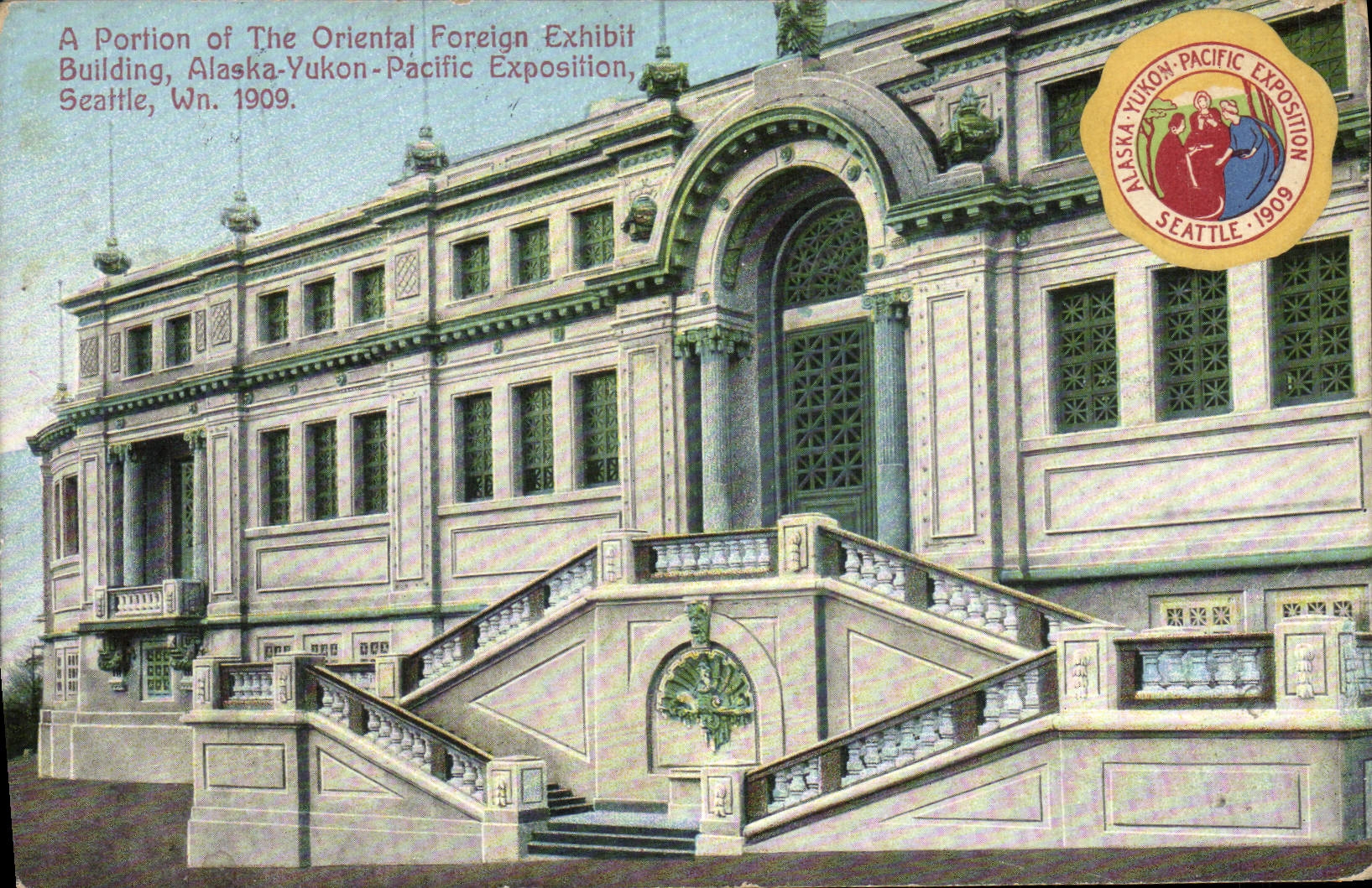 La POSTAL de la VENDIMIA tiene porción de la exposición pacífica extranjera oriental Seattle Wn 1909 de Alaska Yukon del edificio de la exposición