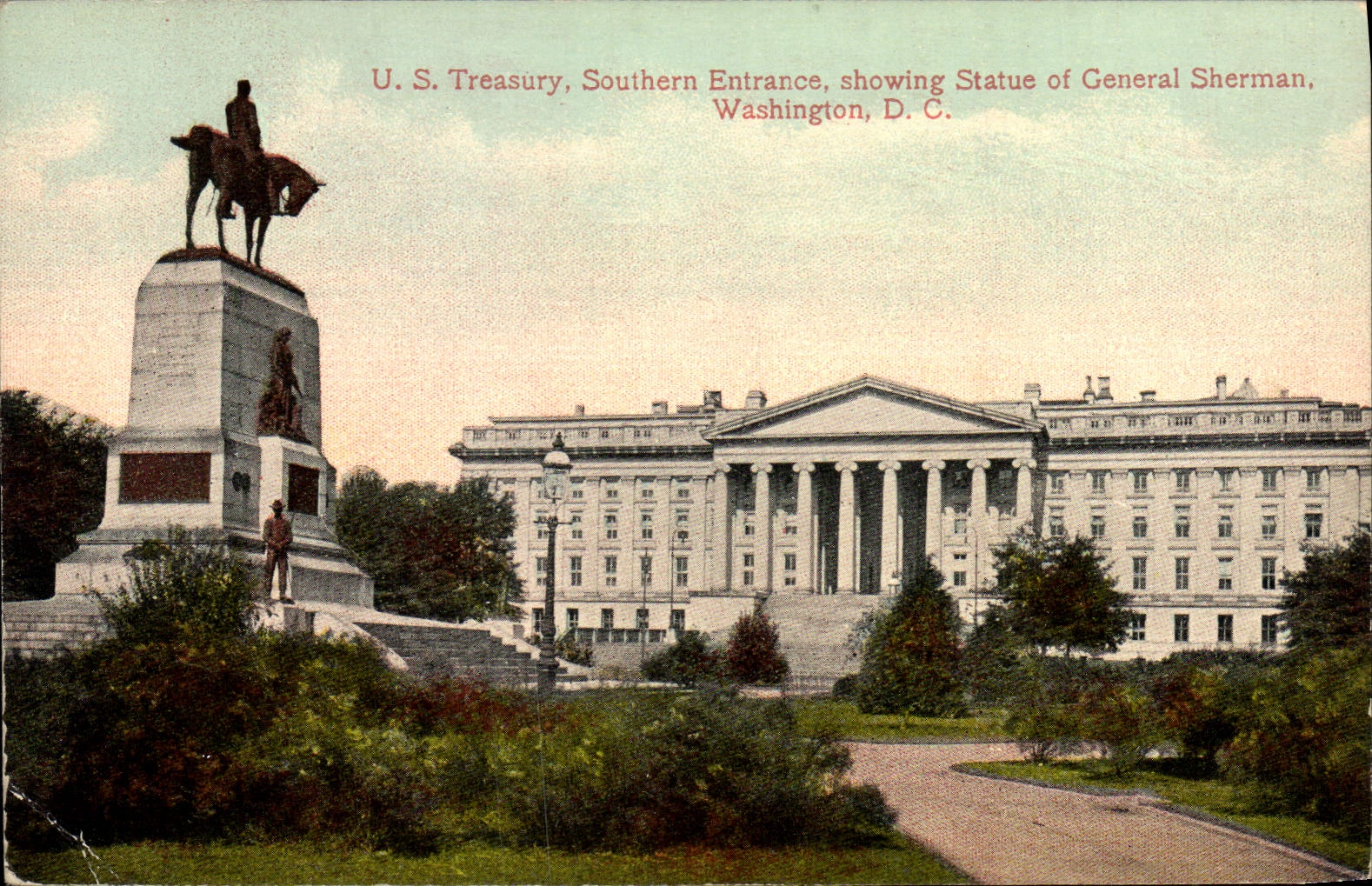 CPA U S Treasury Southern Entrance Showing Statue Of General Sherman Washington D C