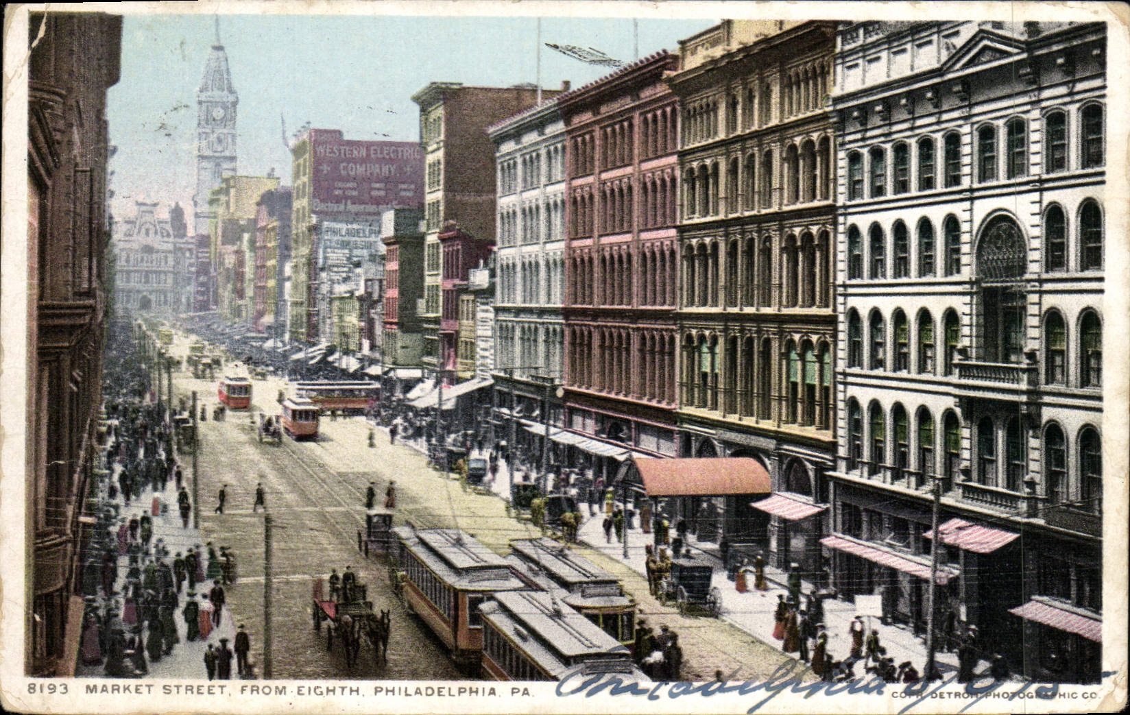 Calle de mercado de la POSTAL de la VENDIMIA a partir de la octava tranvía del PA de Philadelphia