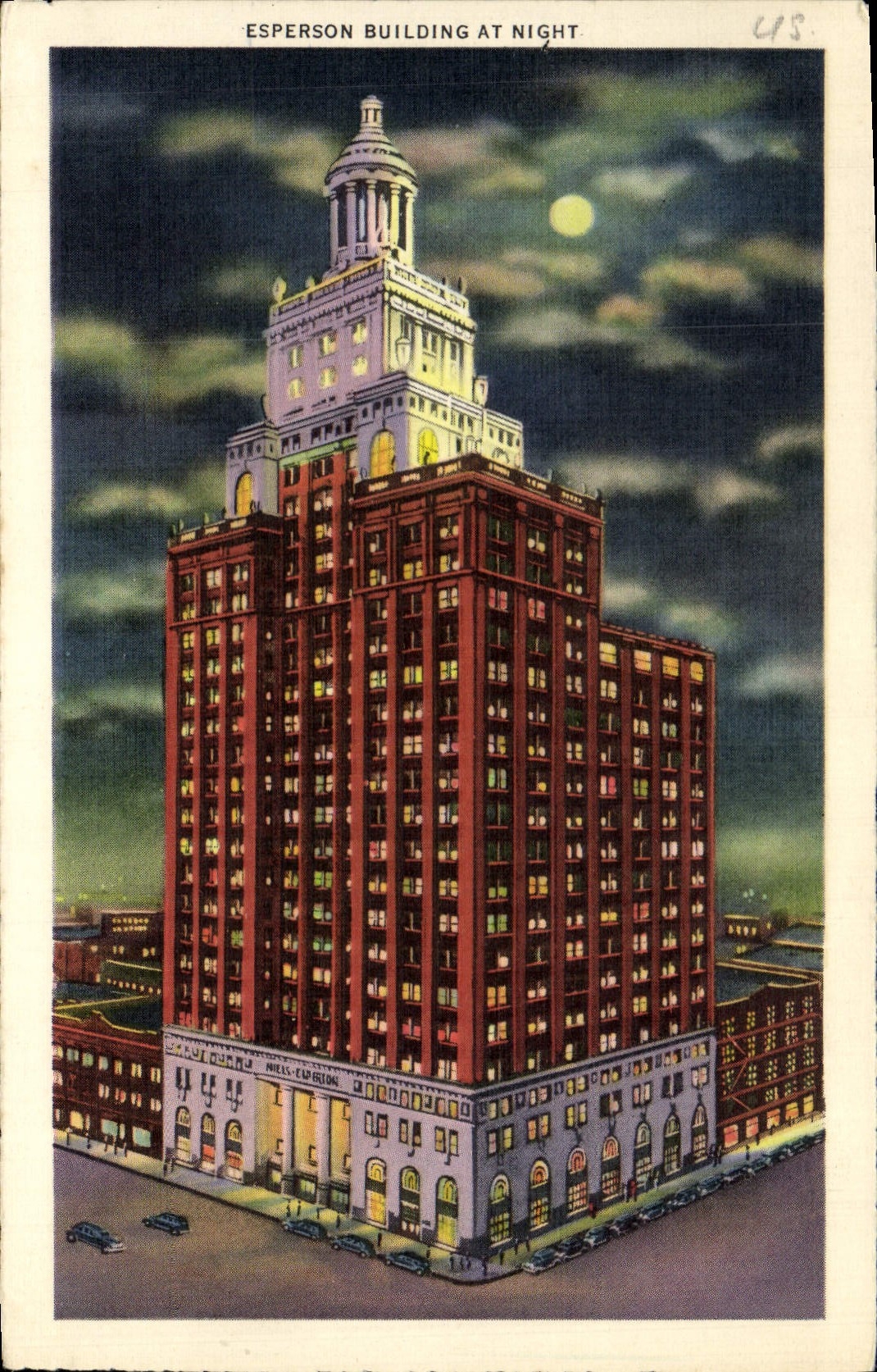 VINTAGE POSTCARD Esperson Building At Night Sunken garden and Warwick Hotel