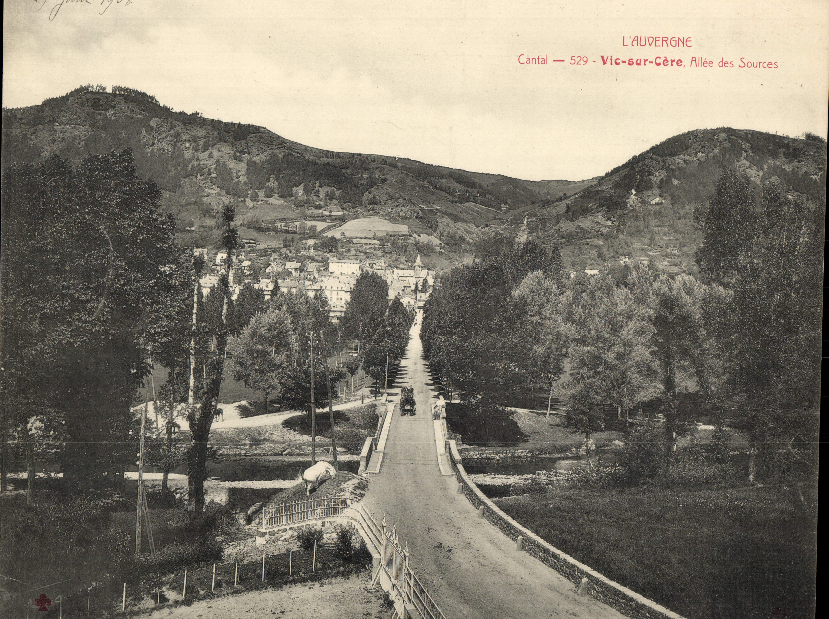 La POSTAL Auvergne de gran tamaño Cantal Vic de la VENDIMIA encendido Cere ido de las fuentes 28.5 * 23 cm