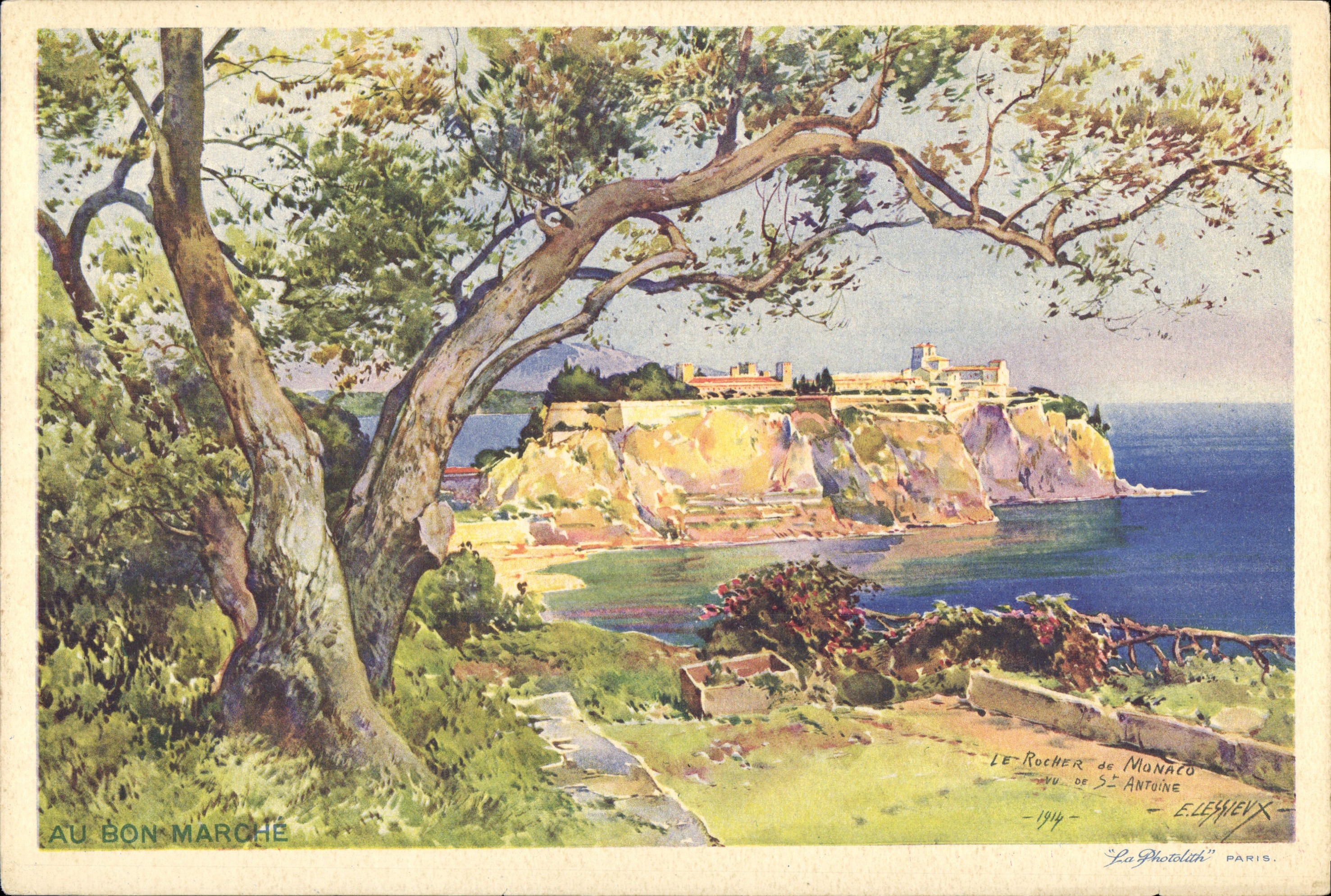 POSTAL de la VENDIMIA de gran tamaño la roca de Mónaco vista de St Antonio 25 * 17 cm