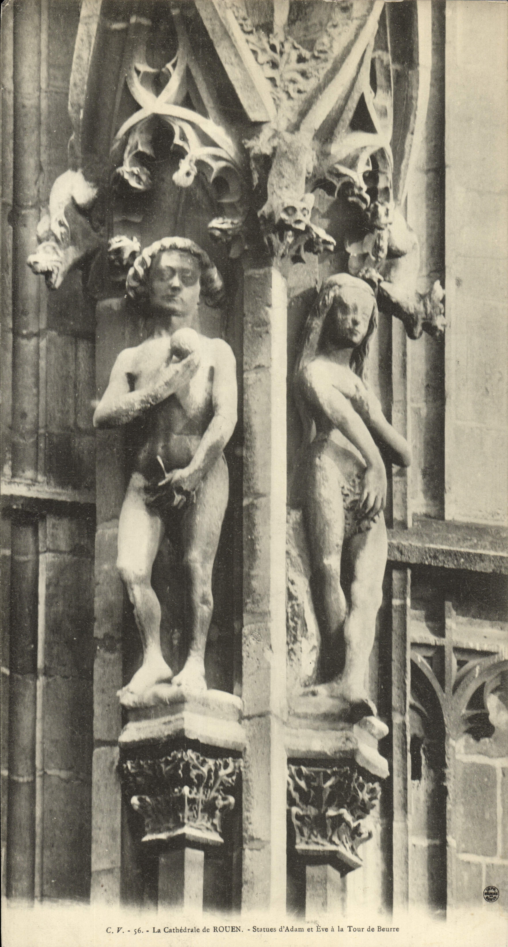 CPA Grand Format Rouen La Cathedrale Statues Adam et Eve a la tour du Beurre 15 * 28 cm