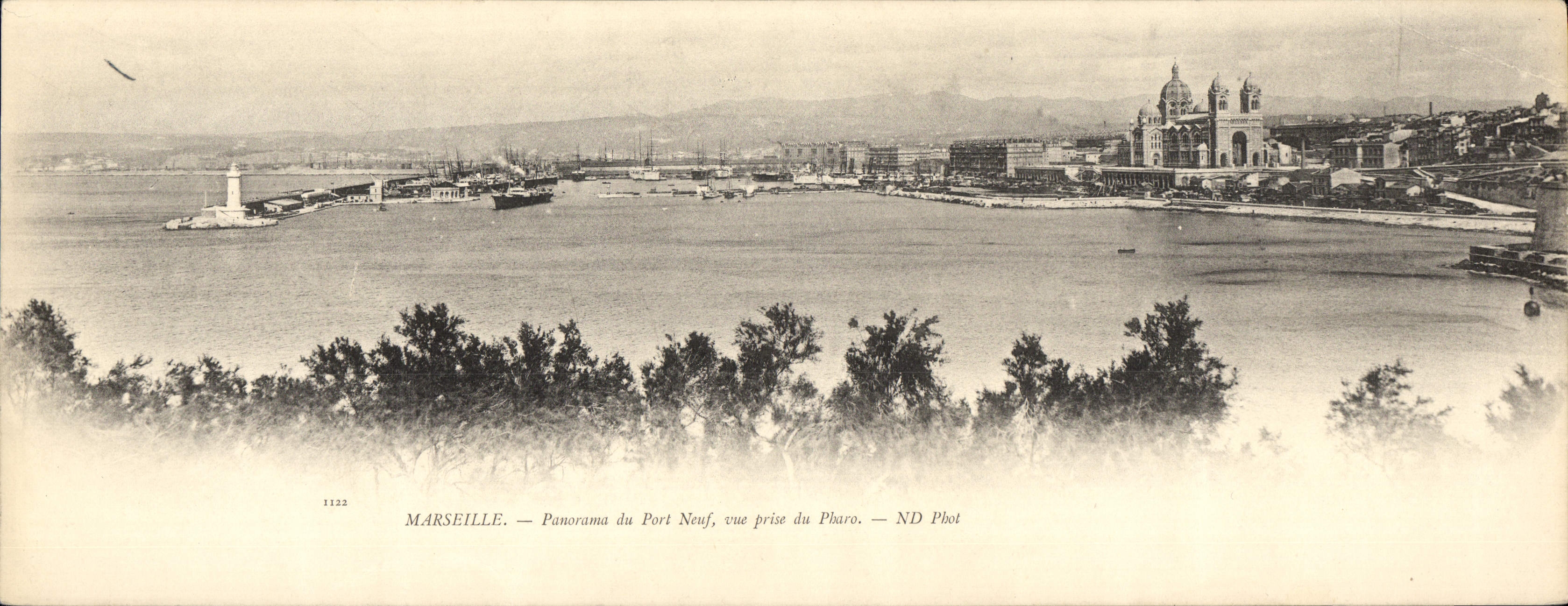 Panorama de gran tamaño de Marsella de la POSTAL de la VENDIMIA del nuevo puerto vista de Prado 28 * 11 cm