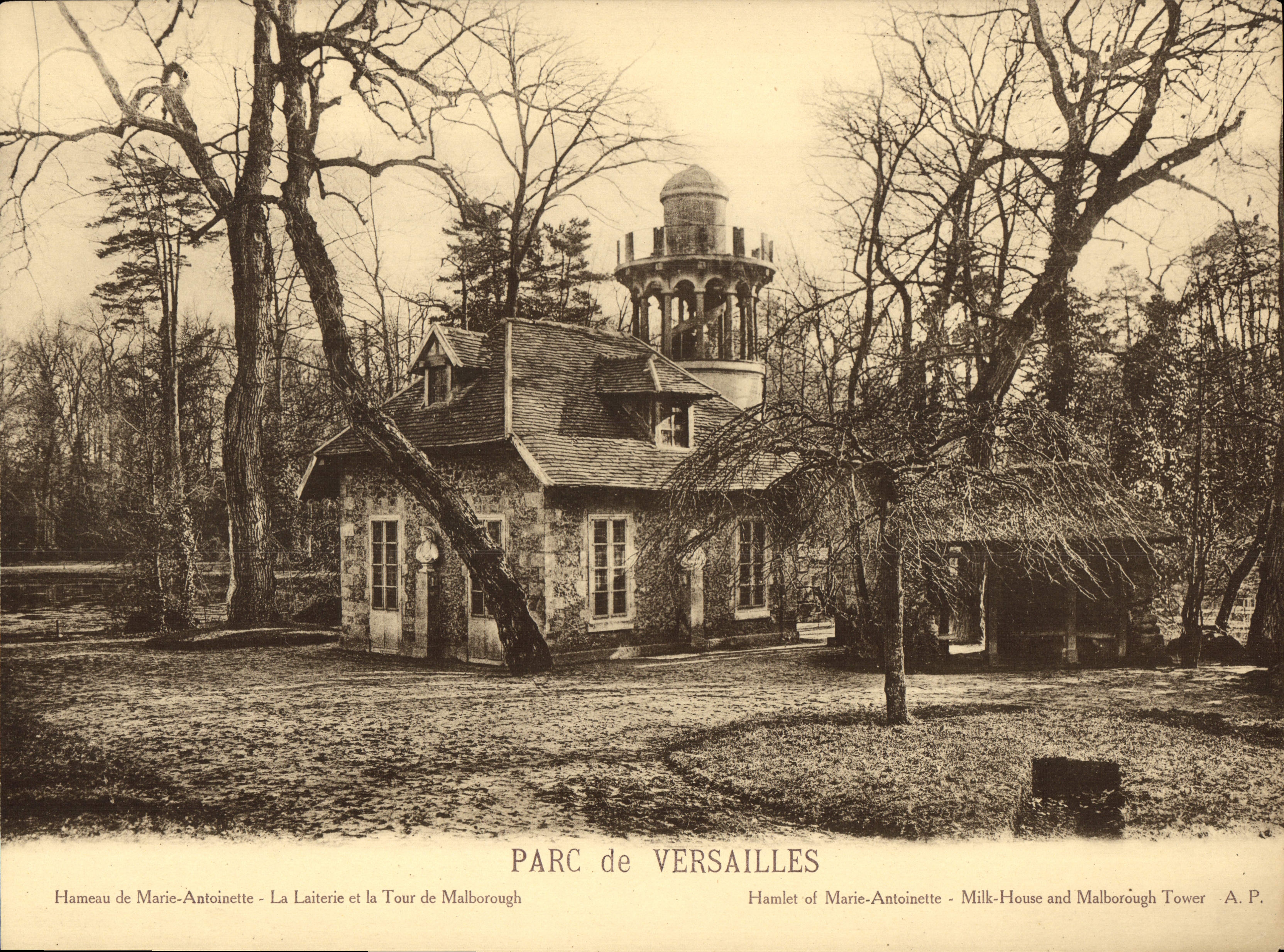 Parque de gran tamaño Hamlet de Versalles de la POSTAL de la VENDIMIA de lechería de Marie Antonieta y la torre de Malborough 28 * 21 cm