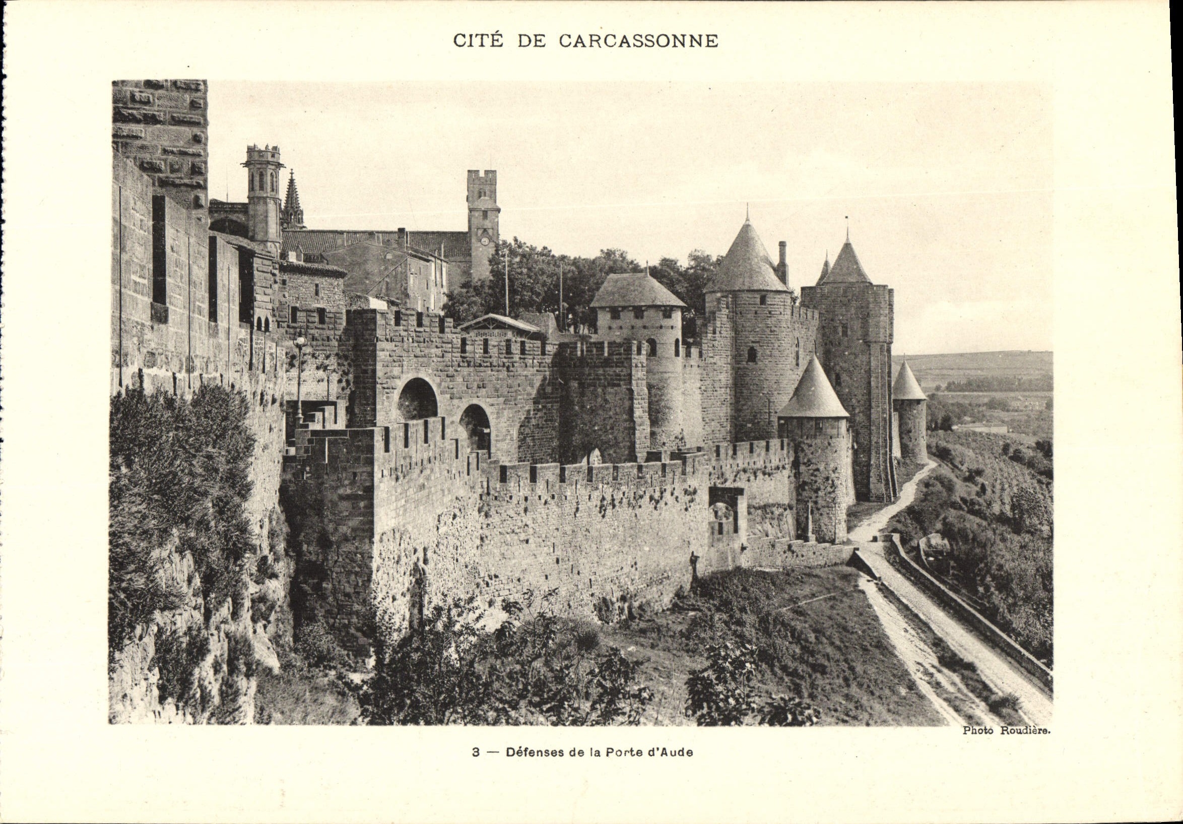 POSTAL ISCED de gran tamaño de la VENDIMIA de Carcasona Detenses de la puerta de Aude 28 * 23 cm