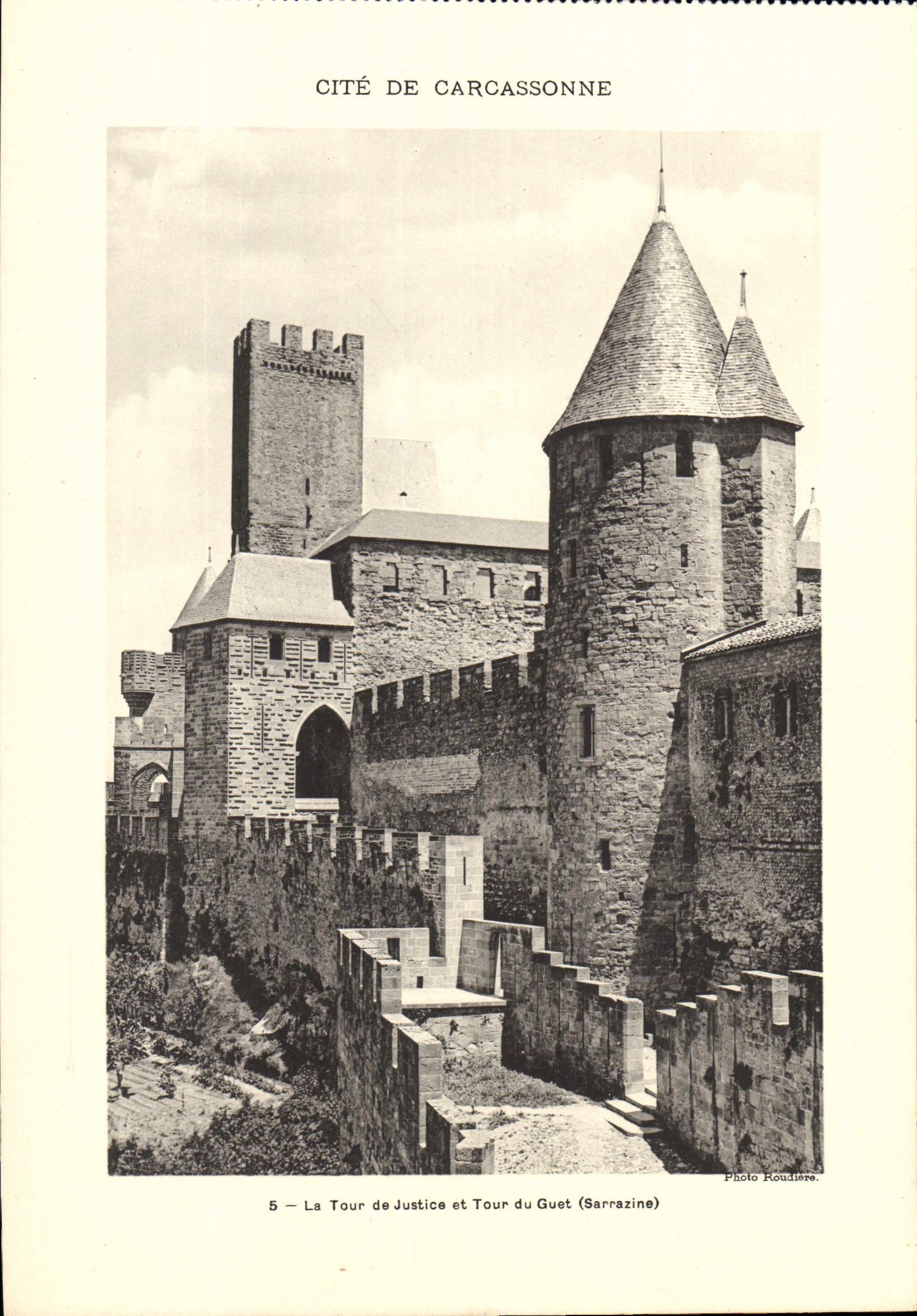 POSTAL ISCED de gran tamaño de la VENDIMIA de Carcasona la torre de la justicia y de la vuelta de Guet 28 * 23 cm