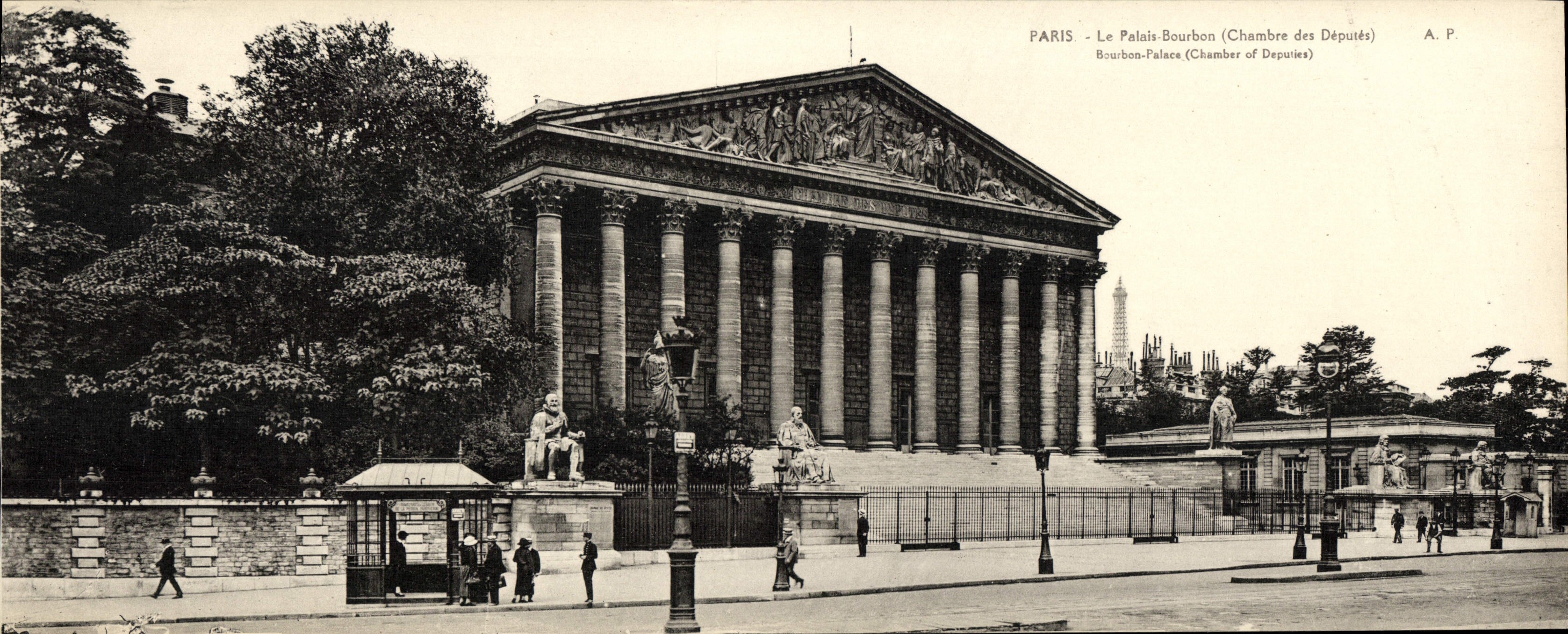 POSTAL París de la VENDIMIA de gran tamaño la Cámara de los Comunes del Palais Bourbon la torre Eiffel 28.5 * 11 cm