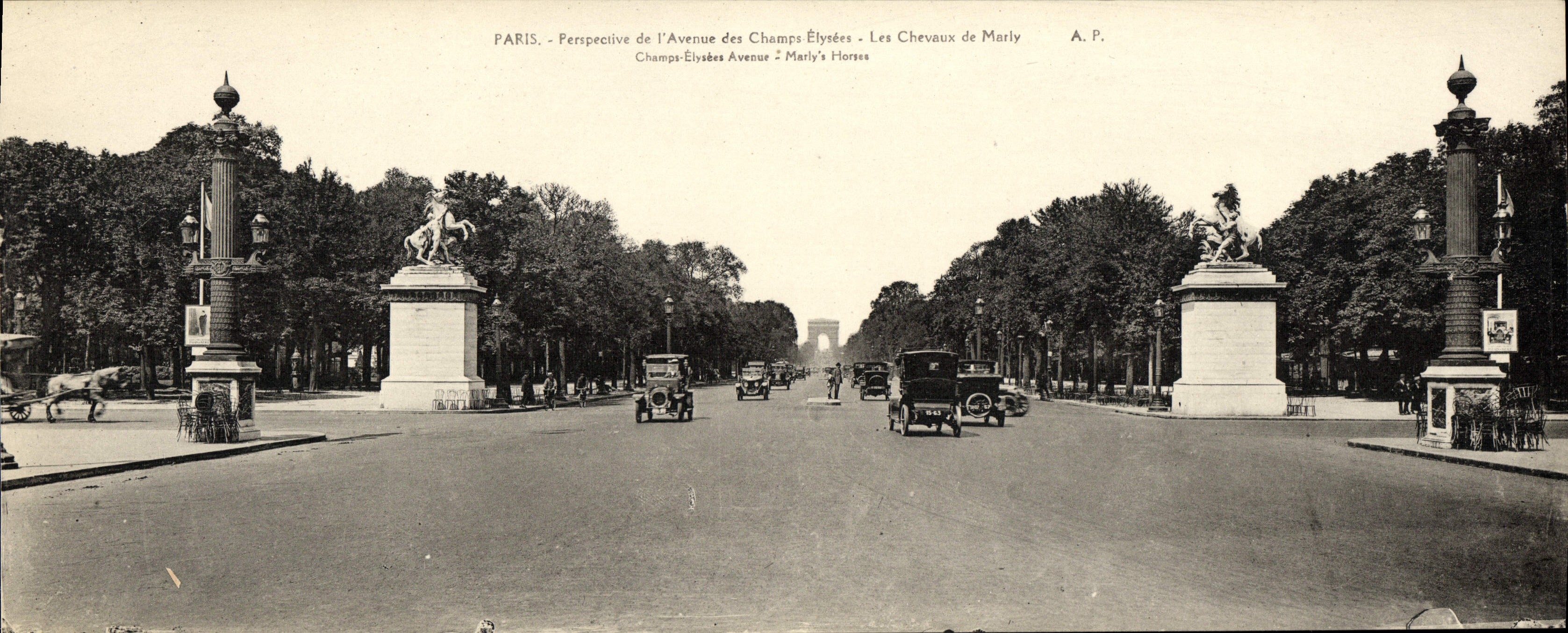 POSTAL París de la VENDIMIA de gran tamaño la avenida de los caballos del Champs Elysées de 28.5 * 11 margosos cm