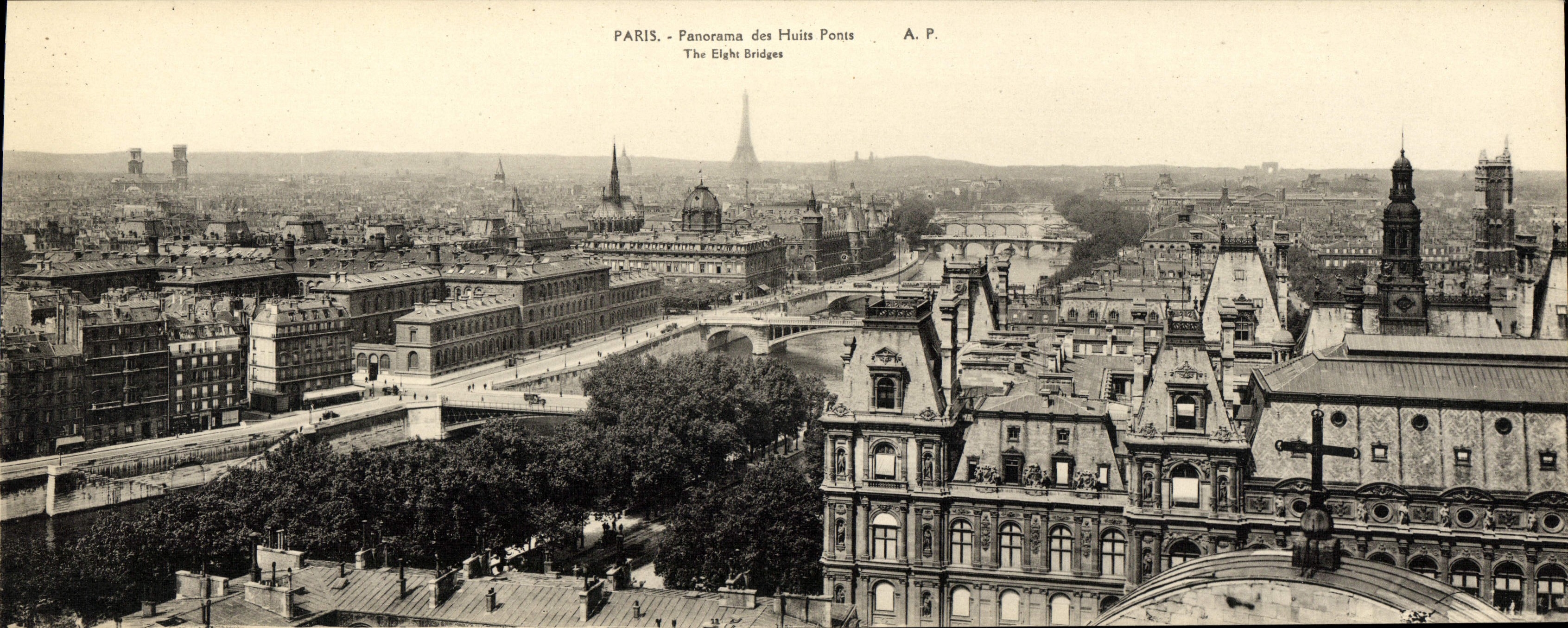 La POSTAL París de gran tamaño Parorama de la VENDIMIA de Huits tiende un puente sobre la torre Eiffel 28.5 * 11 cm