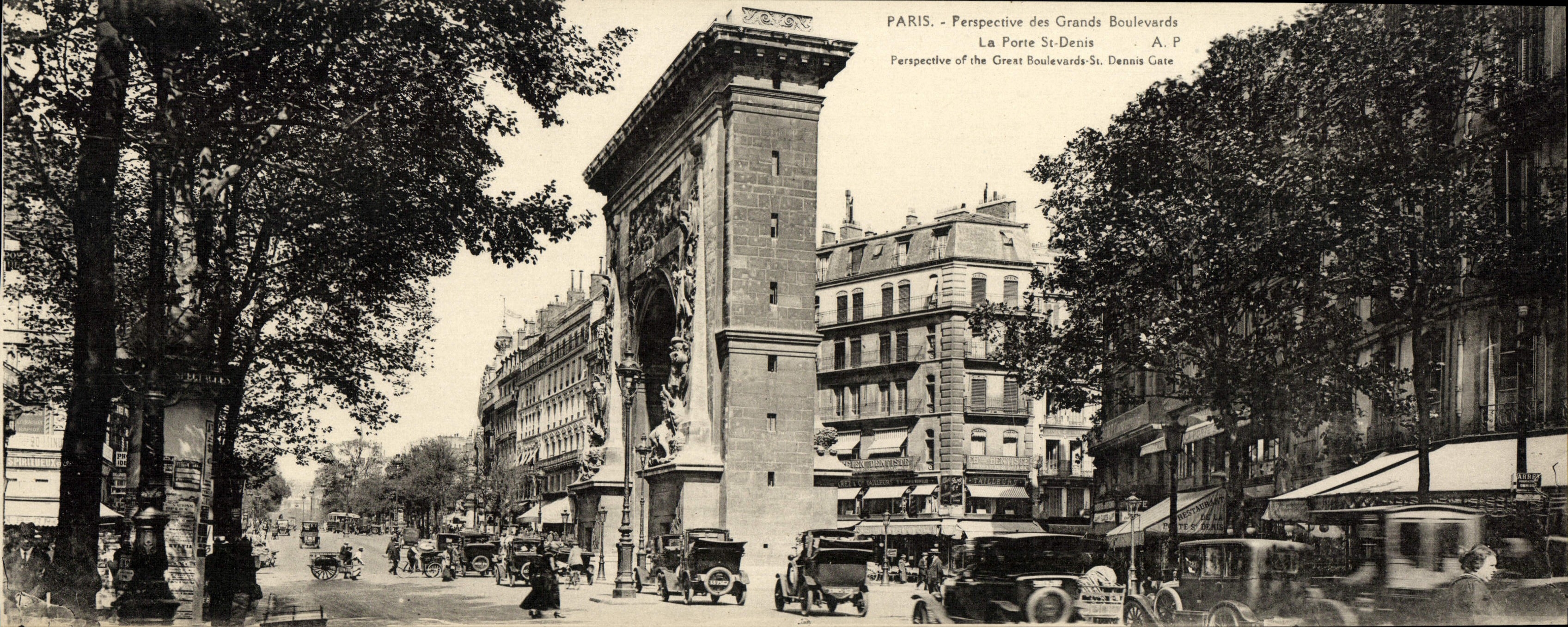 Opinión de gran tamaño de París de la POSTAL de la VENDIMIA del Grands Boulevards el St Denis 28.5 * 11 cm de la puerta