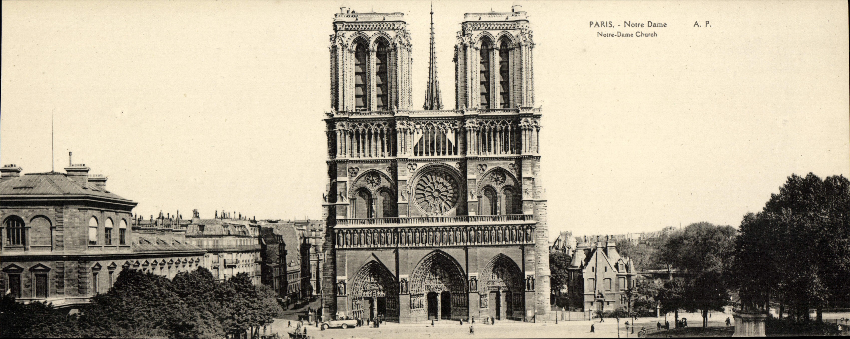 POSTAL París de gran tamaño Notre Dame 28.5 * 11 cm de la VENDIMIA