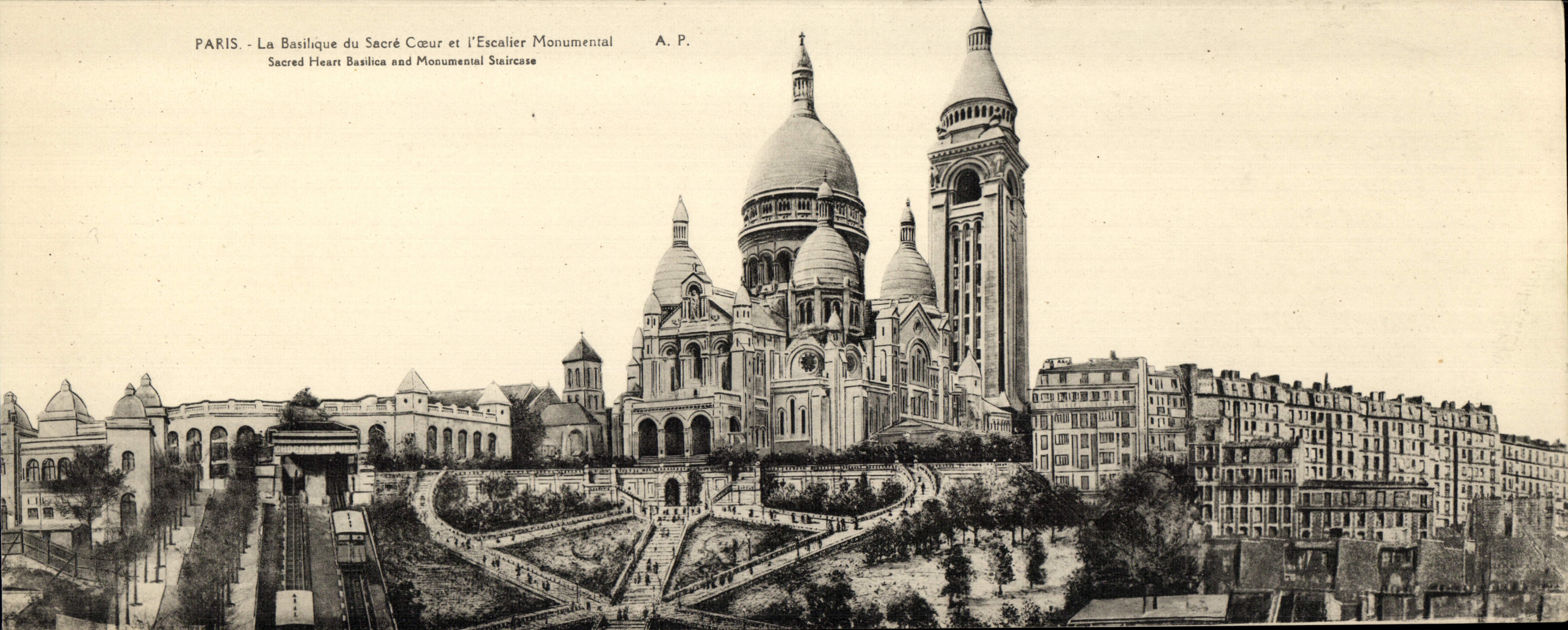 POSTAL París de la VENDIMIA de gran tamaño la basílica del corazón y de la escalera monumental 28 * 11 cm de la consagración