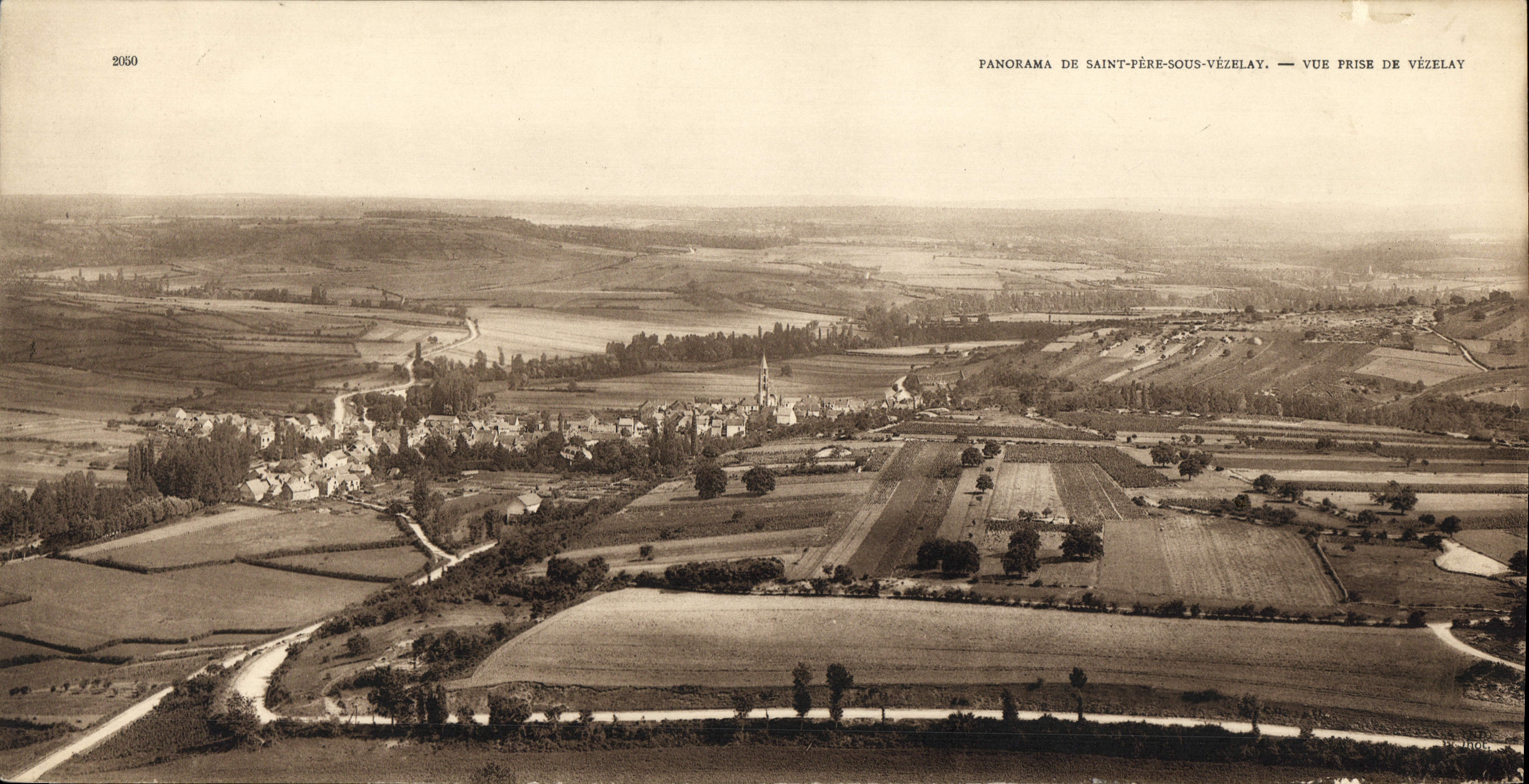 Panorama de gran tamaño de la POSTAL de la VENDIMIA Saint del padre debajo de Vezelay vista de Vezelay 28 * 14 cm