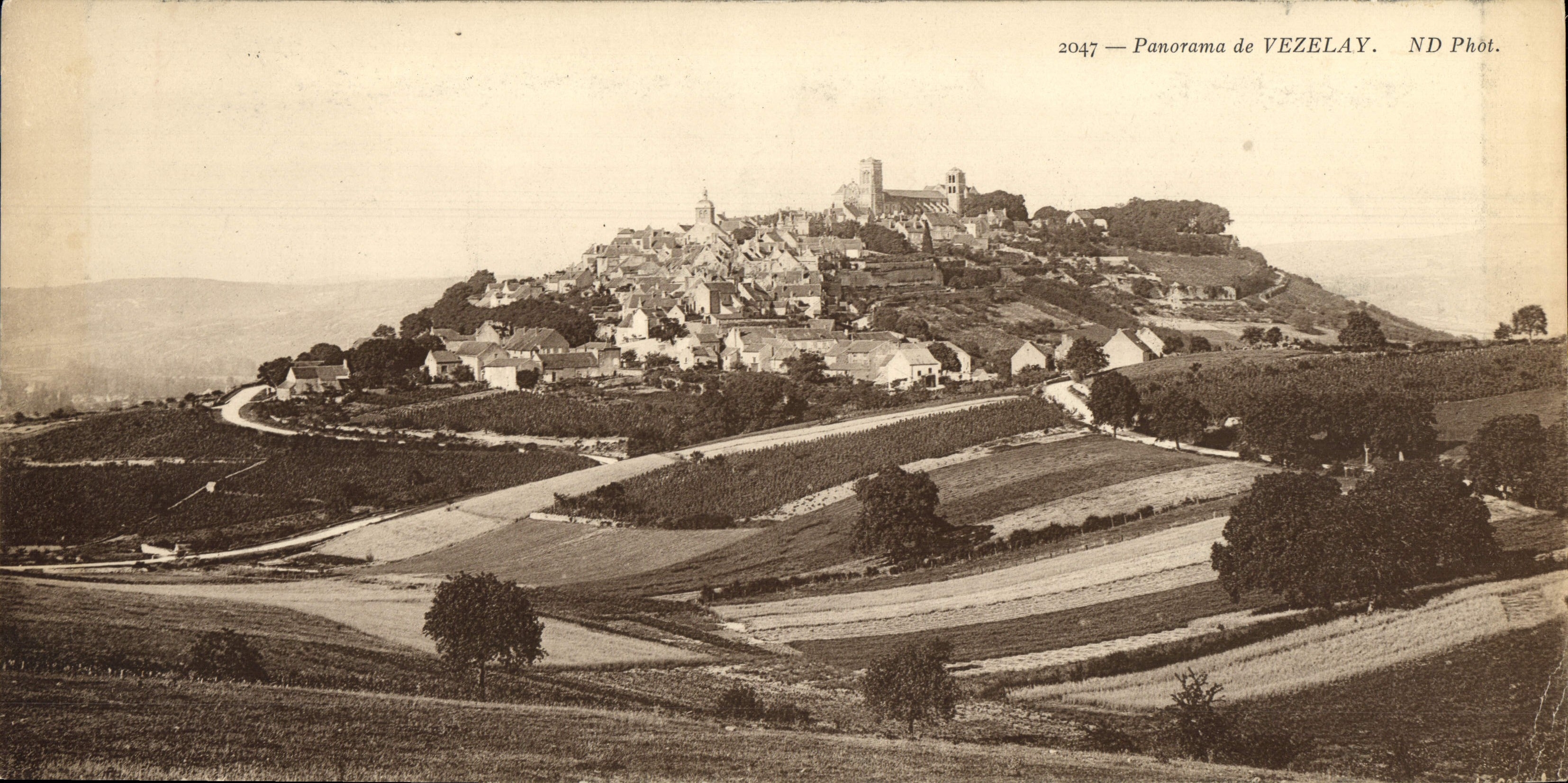 Panorama de gran tamaño 28 * 14 cm de Vezelay de la POSTAL de la VENDIMIA