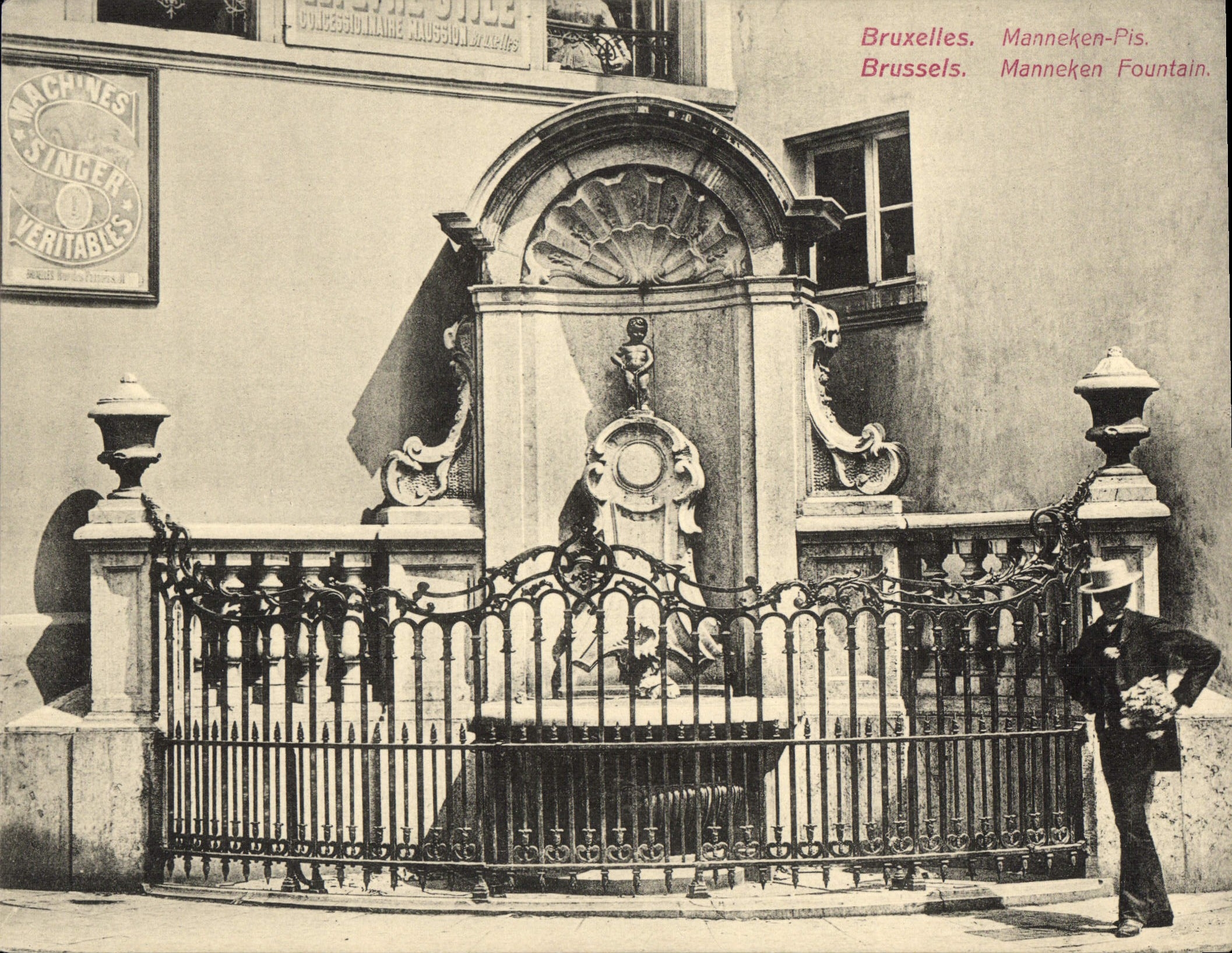 CPA Grand Format Bruxelles Manneken Pis Publicite Machines Singer 18 * 14 cm