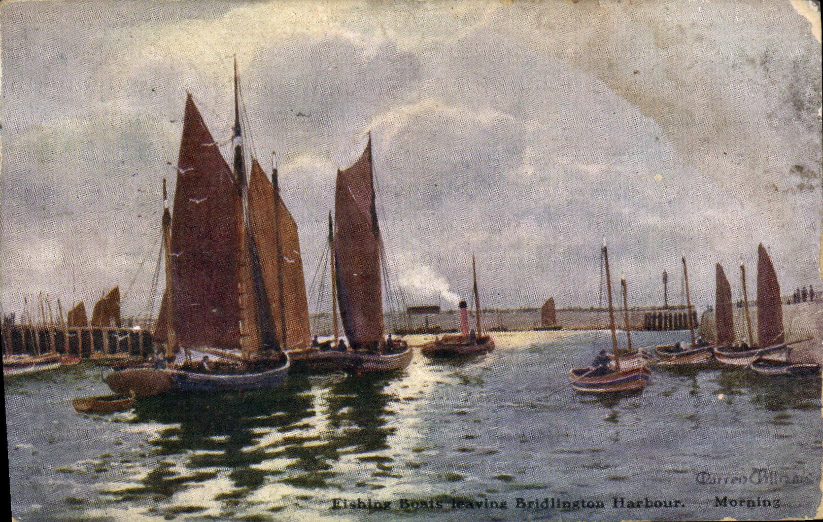 Mañana del puerto de Leavings Bridlington de los barcos de Shiping de la POSTAL de la VENDIMIA