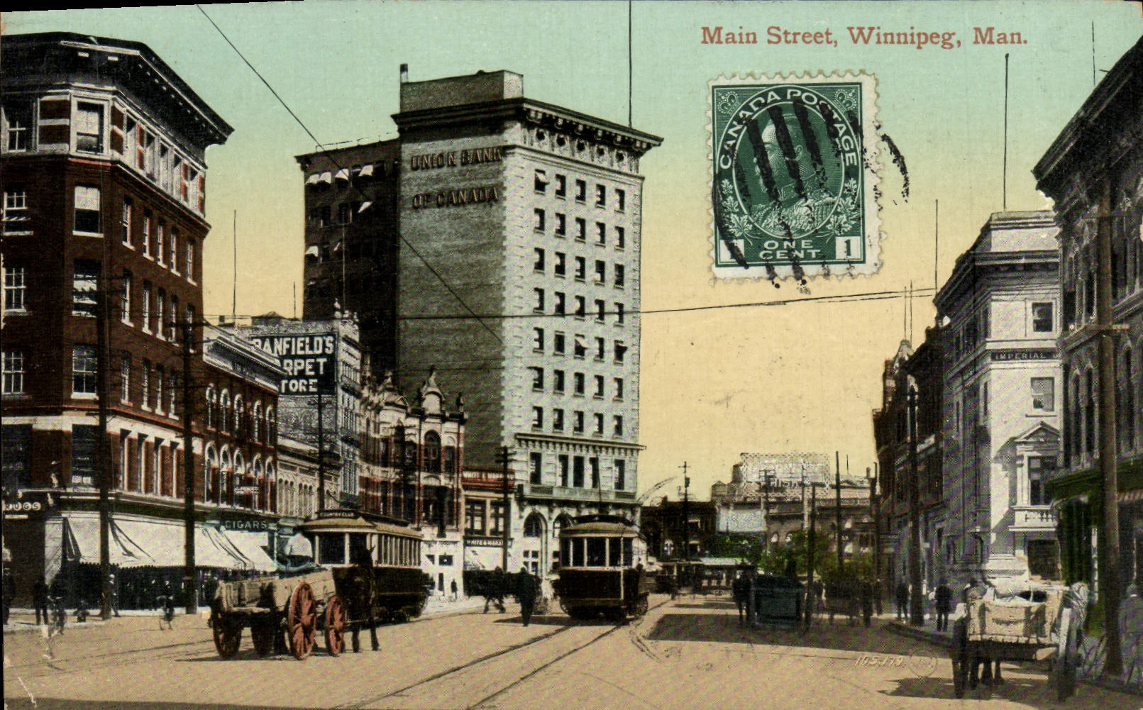 VINTAGE POSTCARD Hand Street Winnipeg Man Tram