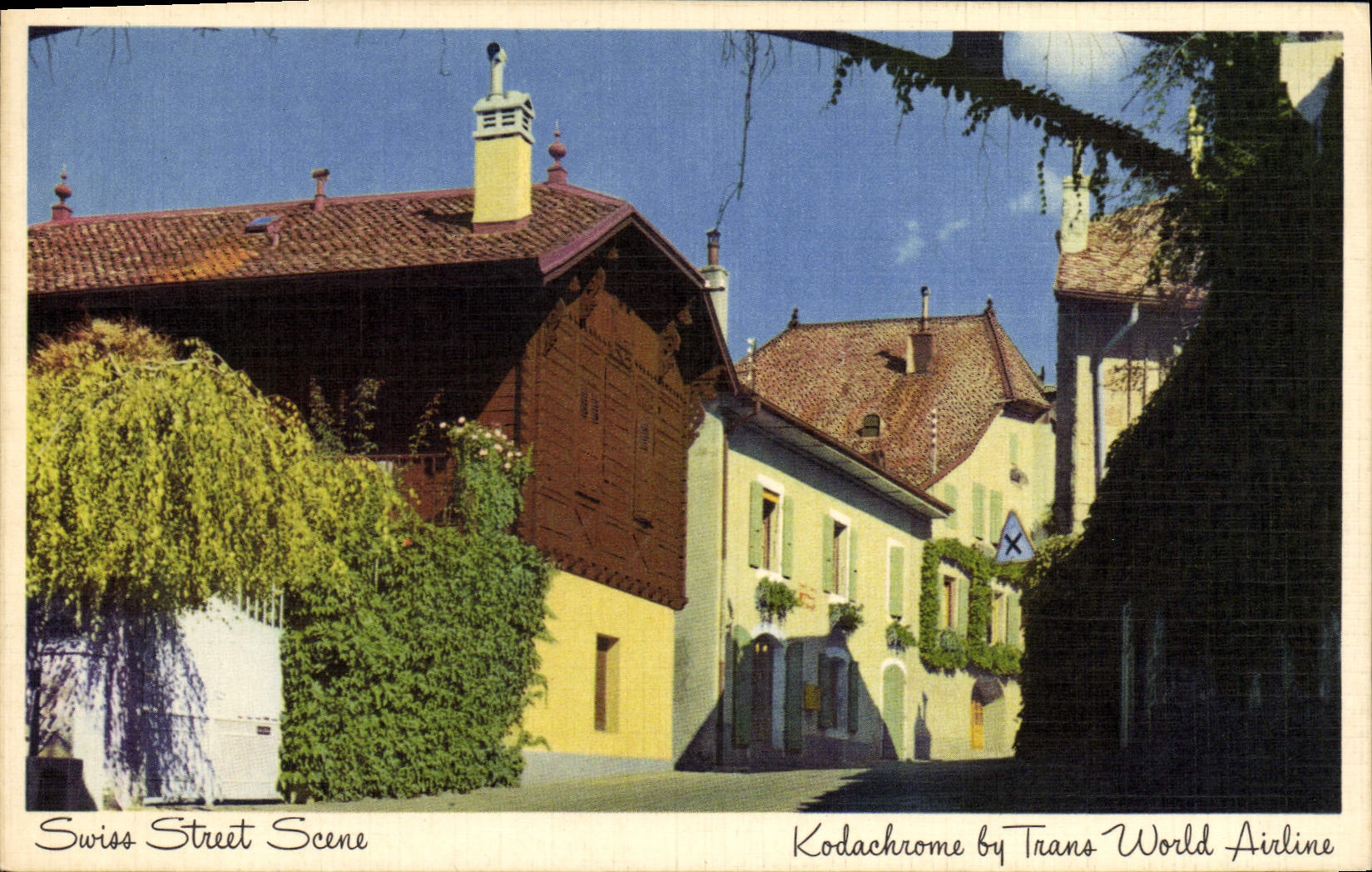 VINTAGE POSTCARD Swiss Stret Scene Kodachrome By Trans World Airline TWA