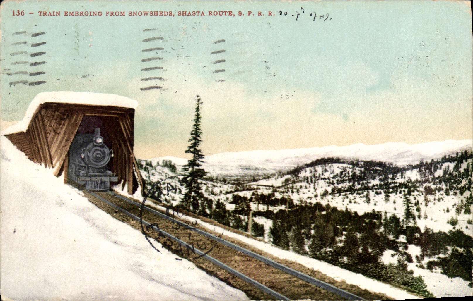 VINTAGE POSTCARD Trai Emerging From Snowsheds Shasta Road S P R R