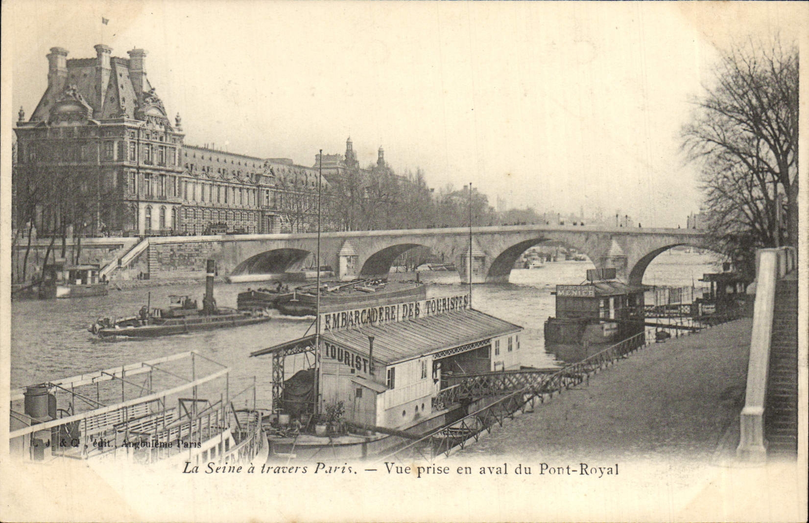 VINTAGE POSTCARD the Seine Through Paris Seen from Downstream from the Royal Bridge Boats Landing stage of the tourists