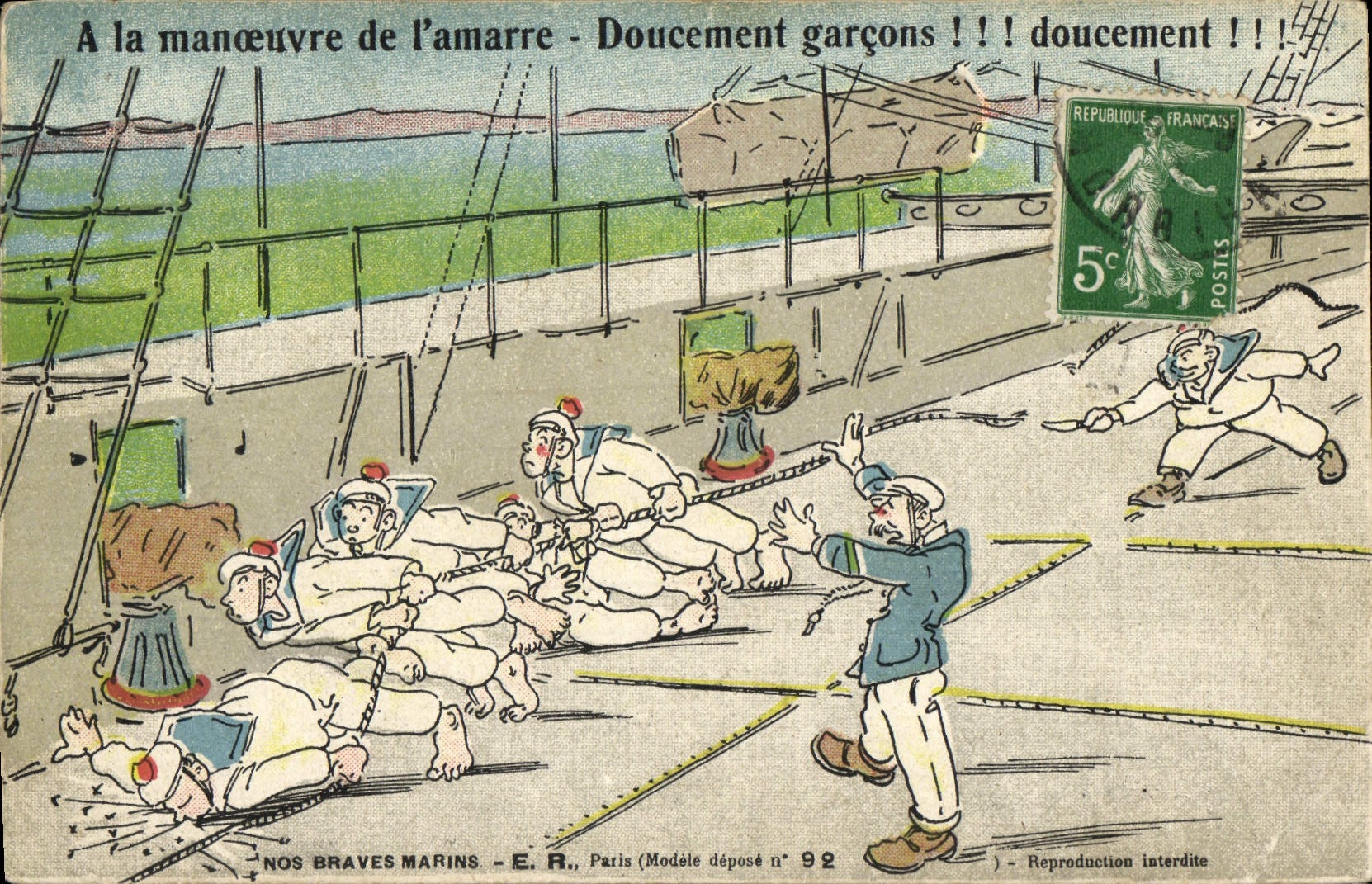 CPA A La Manoeuvre De l'Amarre Doucement Garcons Doucement Militaria Bateau 