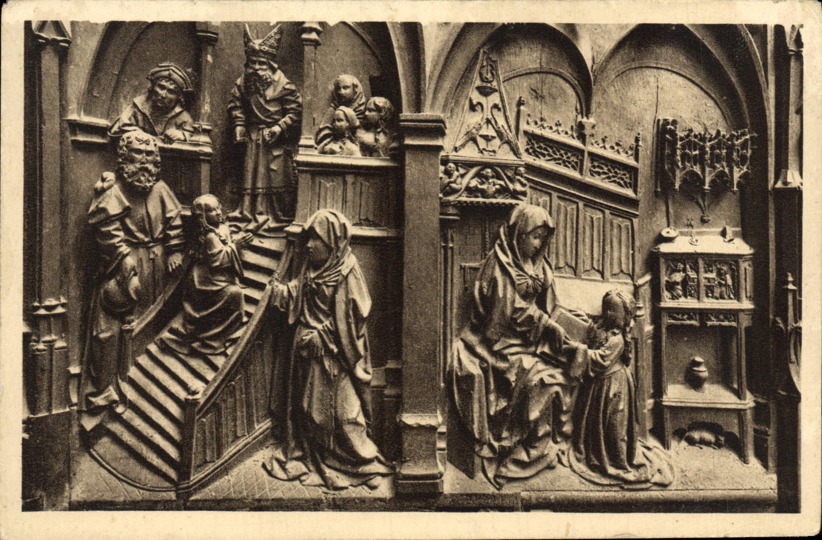 VINTAGE POSTCARD Cathedral of Amiens Stalls Of the Chorus Staircase Education of Marie Presentation of Marie to the temple