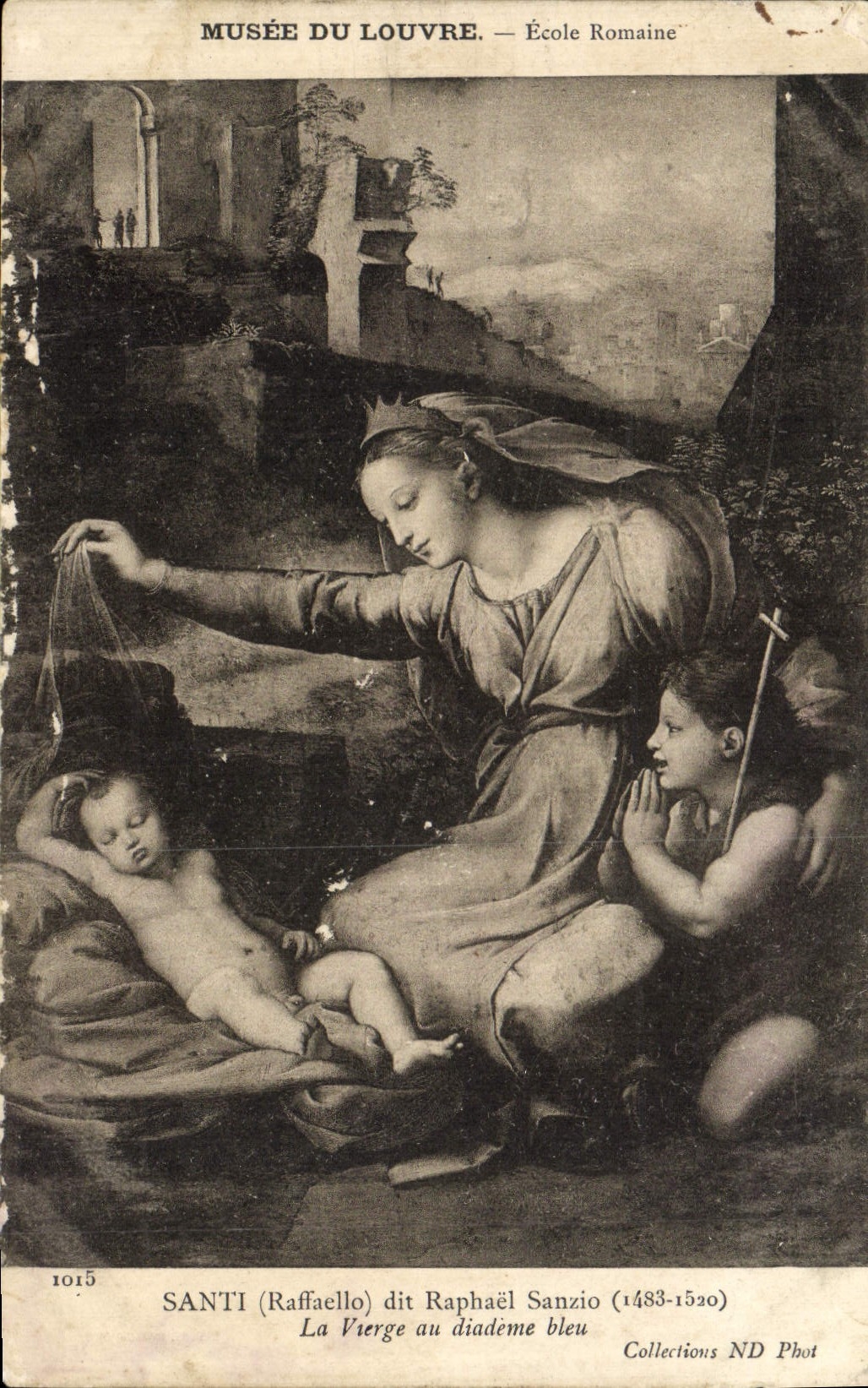 VINTAGE POSTCARD Museum of Louvre Roman School Santi Raphael Sanzio the blue virgin with the diadem