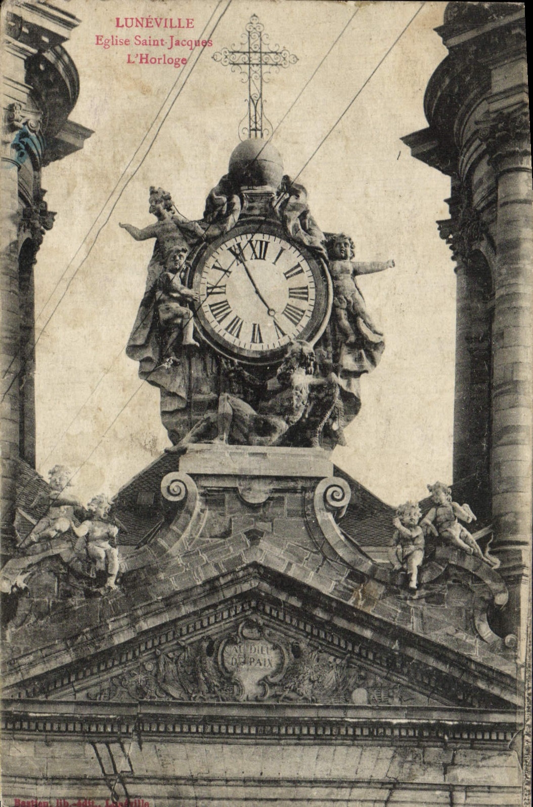 VINTAGE POSTCARD Luneville Church Jacques Saint the Clock