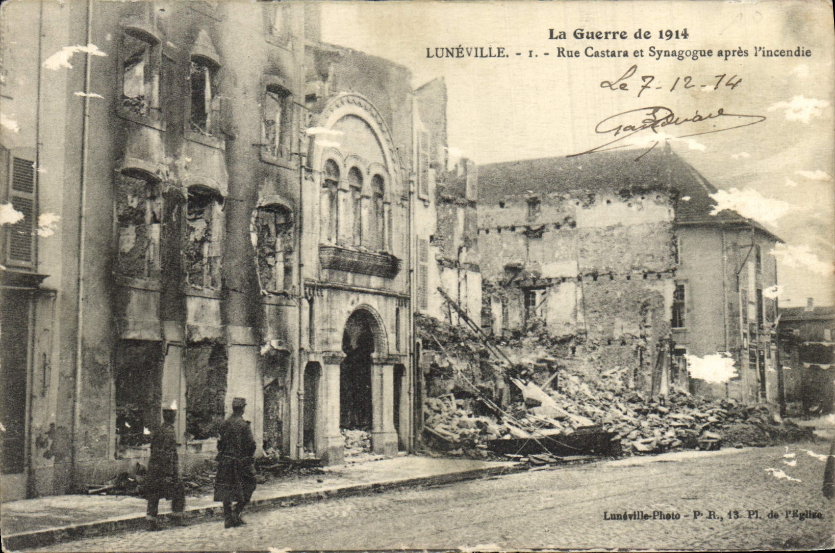 VINTAGE POSTCARD the War De Luneville Street Castara And Synagog After the Fire Jewish Judaica Judaïca