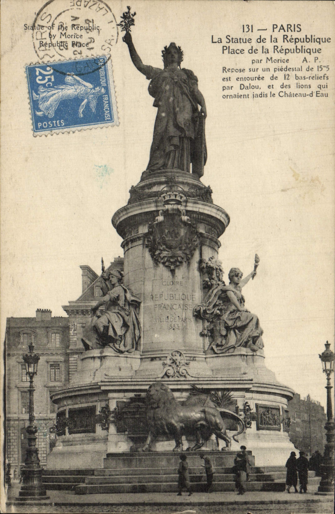 VINTAGE POSTCARD Paris the Statue Of the Republic Places Republic Lion