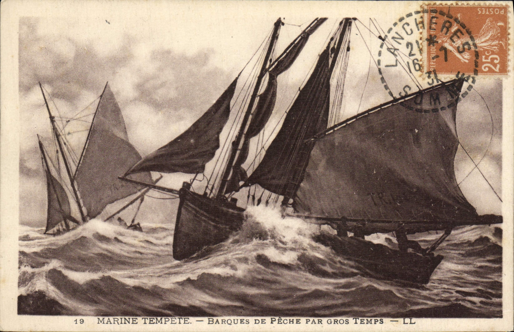 VINTAGE POSTCARD Navy Storm Small fishing boats By Heavy weather Boats