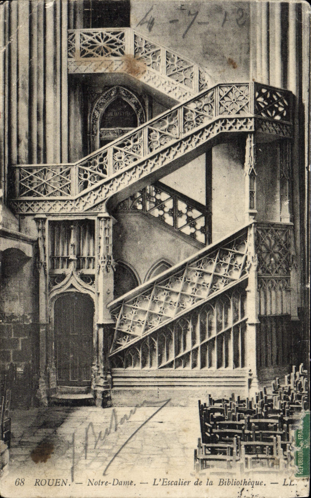 VINTAGE POSTCARD Rouen Notre Dame the Staircase Of the Library