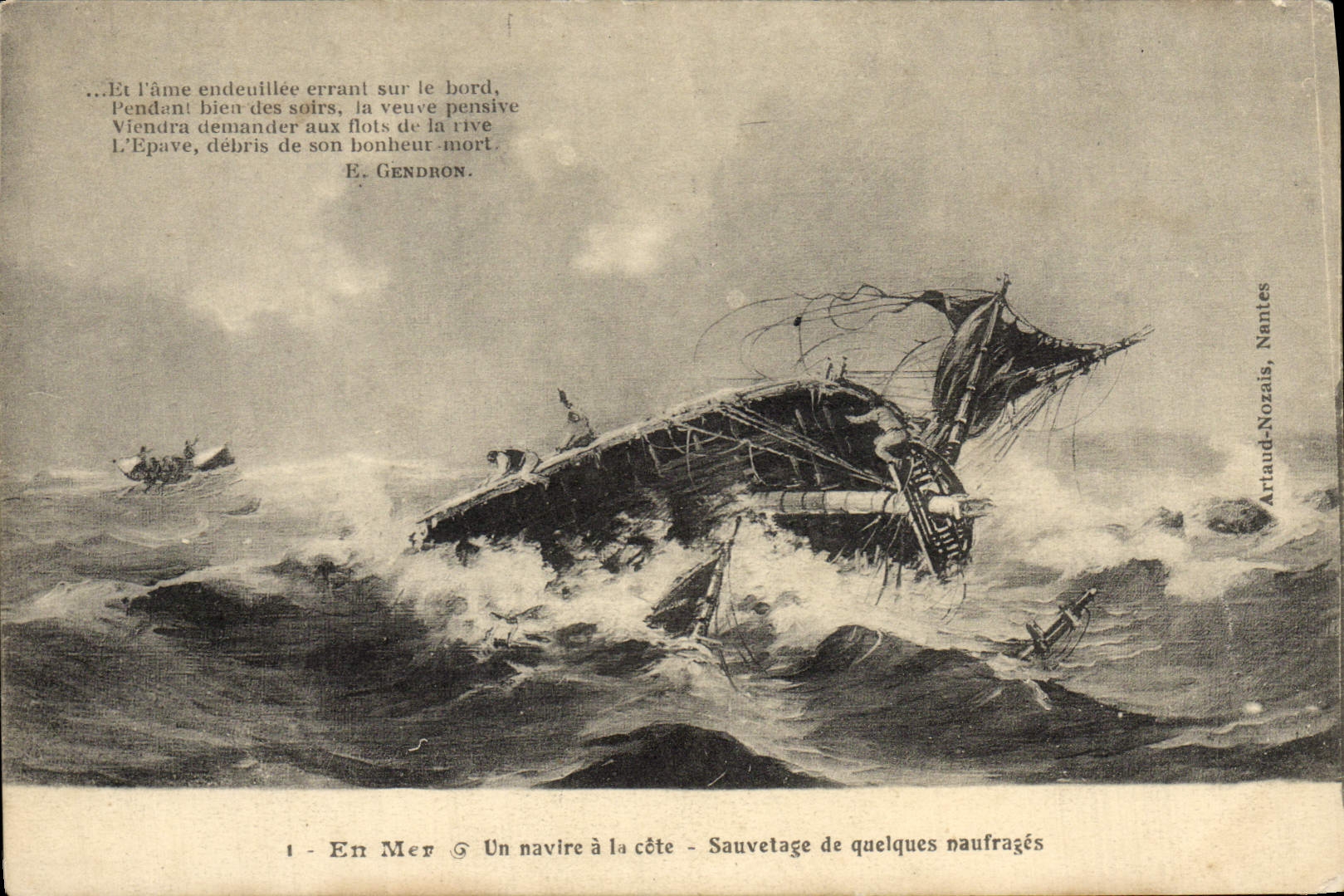 VINTAGE POSTCARD At sea a Ship With the Dimension Rescue Of Some Shipwrecks