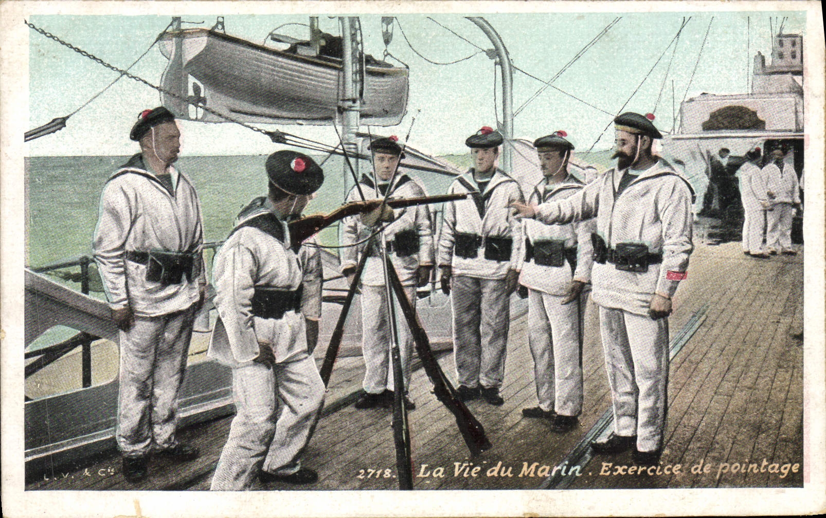 VINTAGE POSTCARD Life of the Sailor Exercise of Pointing Militaria Boat