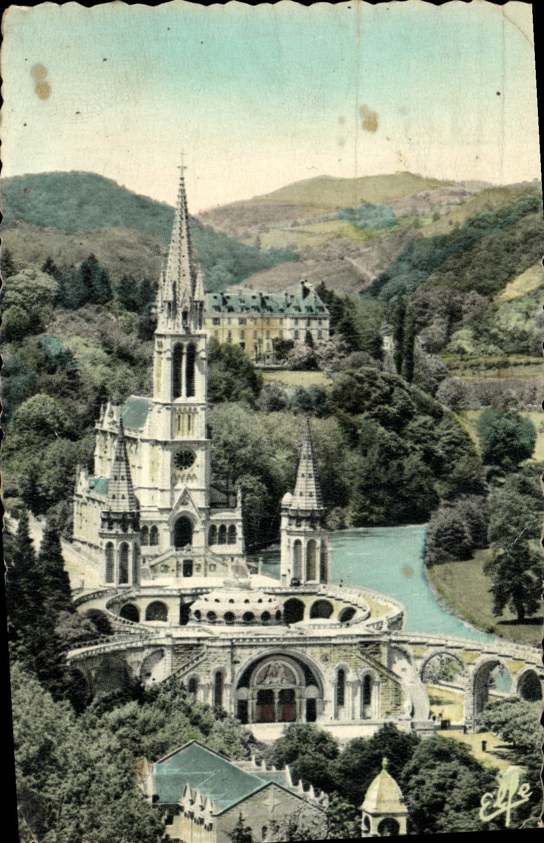 VINTAGE POSTCARD Heavy View from above on Baslilque and the Valley of Gave