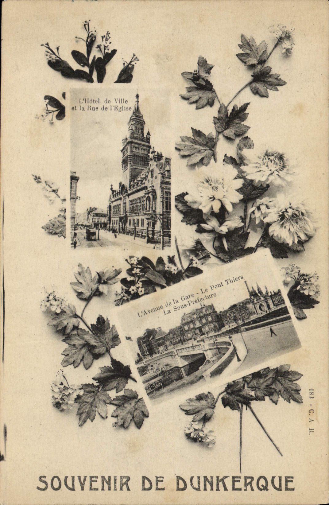 CPA Souvenir De Dunkerque L'hotel de ville et la rue de l'eglise L'avenue de la gare Le pont Thiers Sous Prefecture
