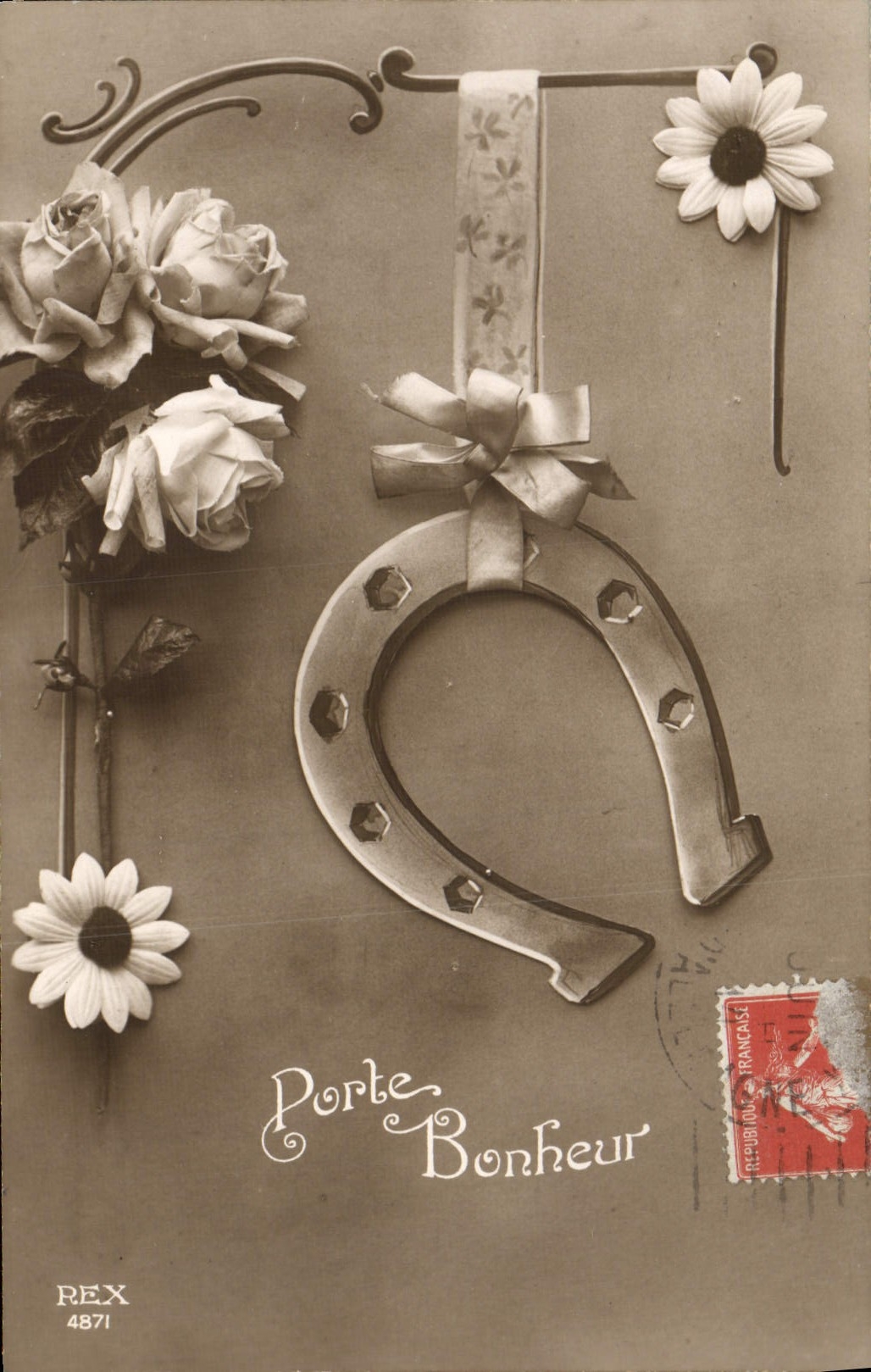 VINTAGE POSTCARD Fantaisie Flowers Carries Happiness Horseshoe