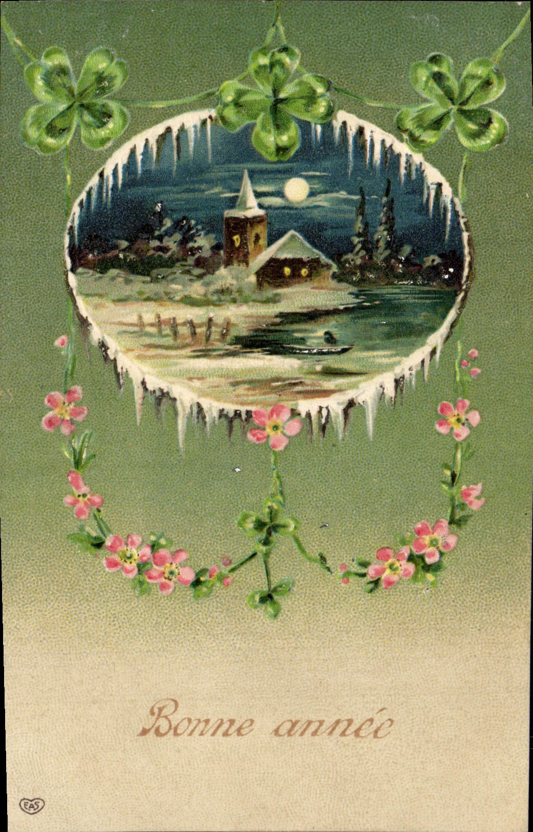 VINTAGE POSTCARD Fantasy Happy New Year Flowers Clover