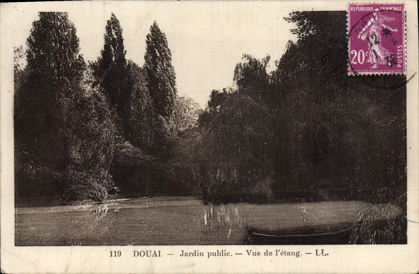 VINTAGE POSTCARD Douai Public garden Seen of the pond