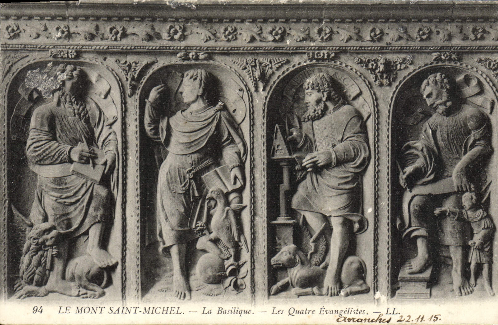 POSTAL de la VENDIMIA Mont Saint Michel los evangelistas de la basílica cuatro