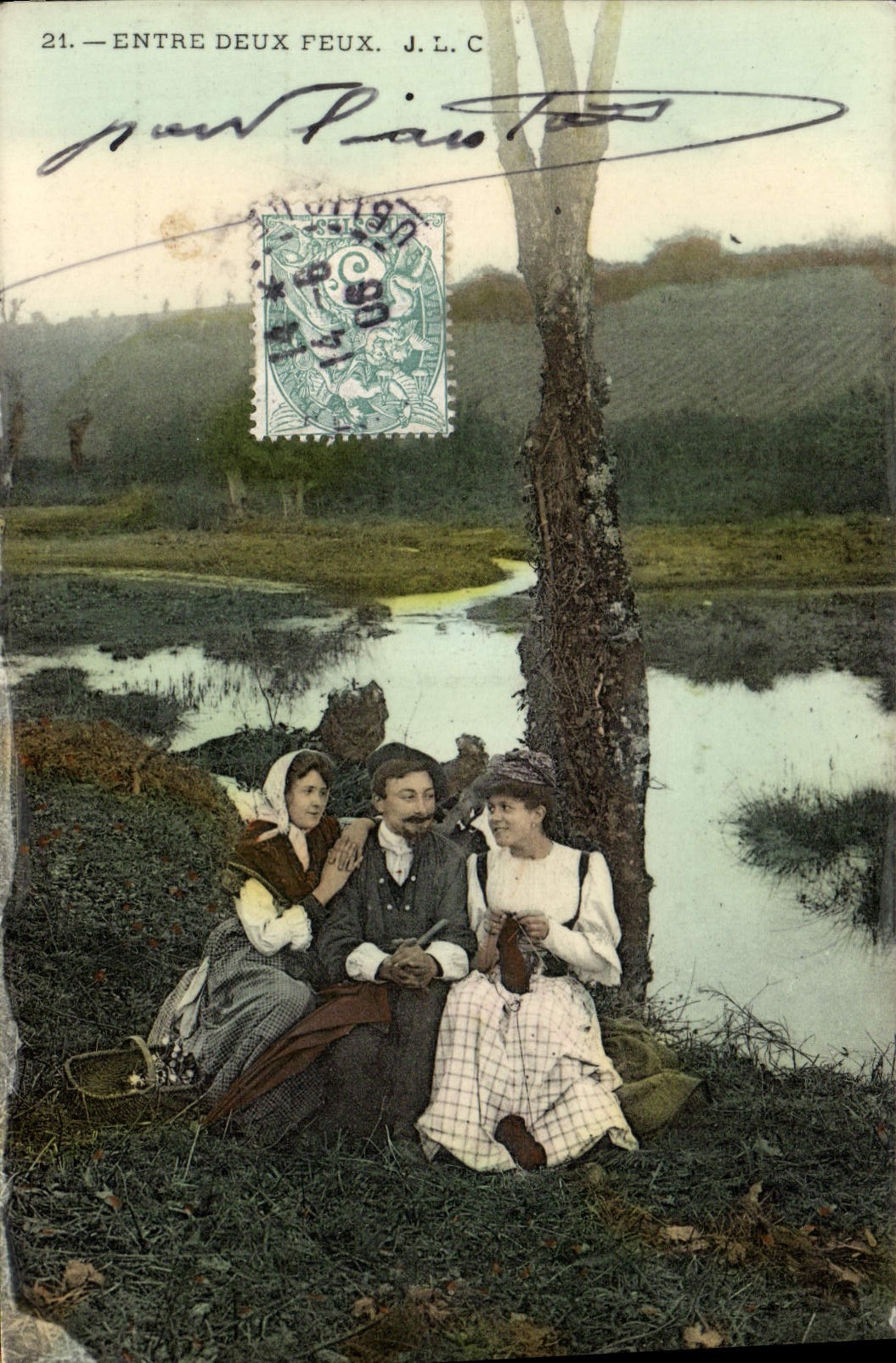 VINTAGE POSTCARD Between Two Fires Women Folklore