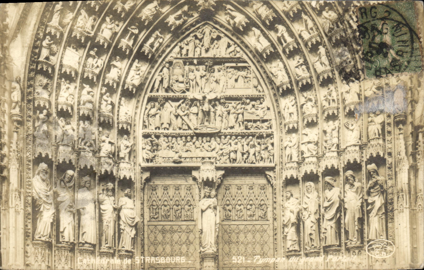 Tímpano de la catedral de Estrasburgo de la POSTAL de la VENDIMIA de la puerta grande