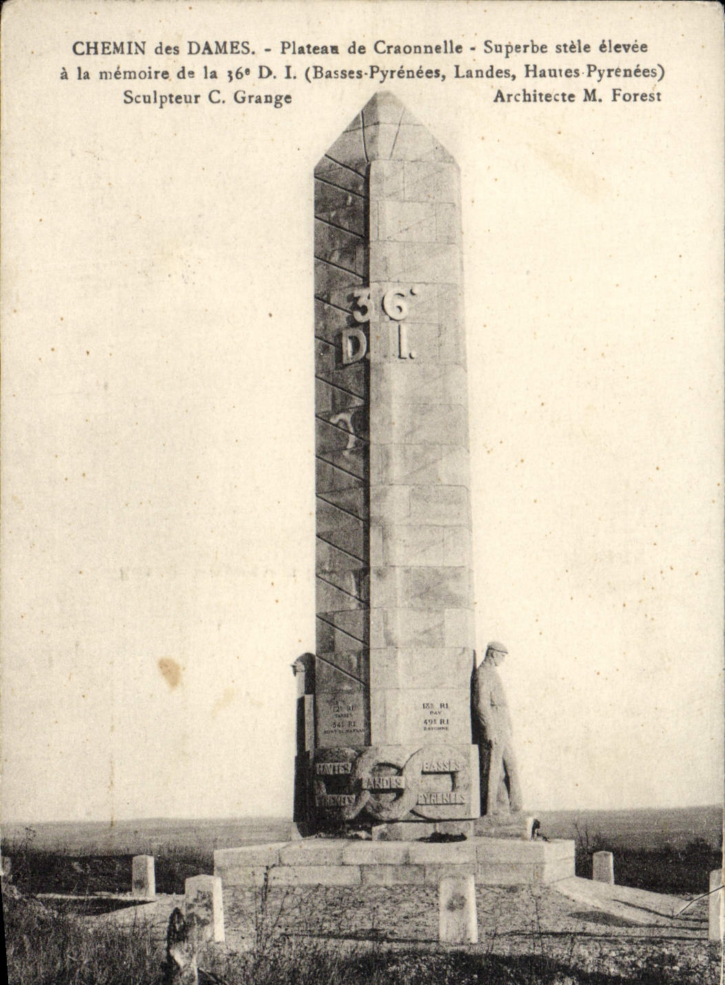 VINTAGE POSTCARD Way of the Ladies Superb Plate of Craonnelle Stele raised with the memory of the 36eme DI Militaria