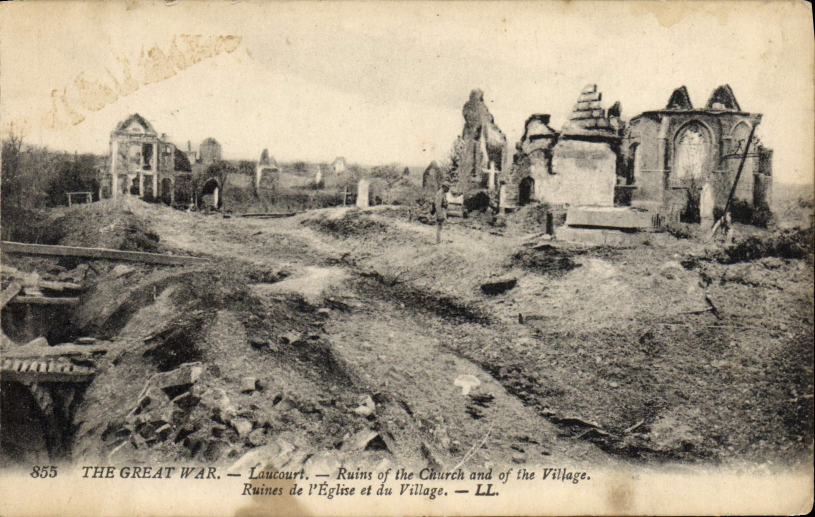 VINTAGE POSTCARD Laucourt Ruins Of the Church And the Militaria Village
